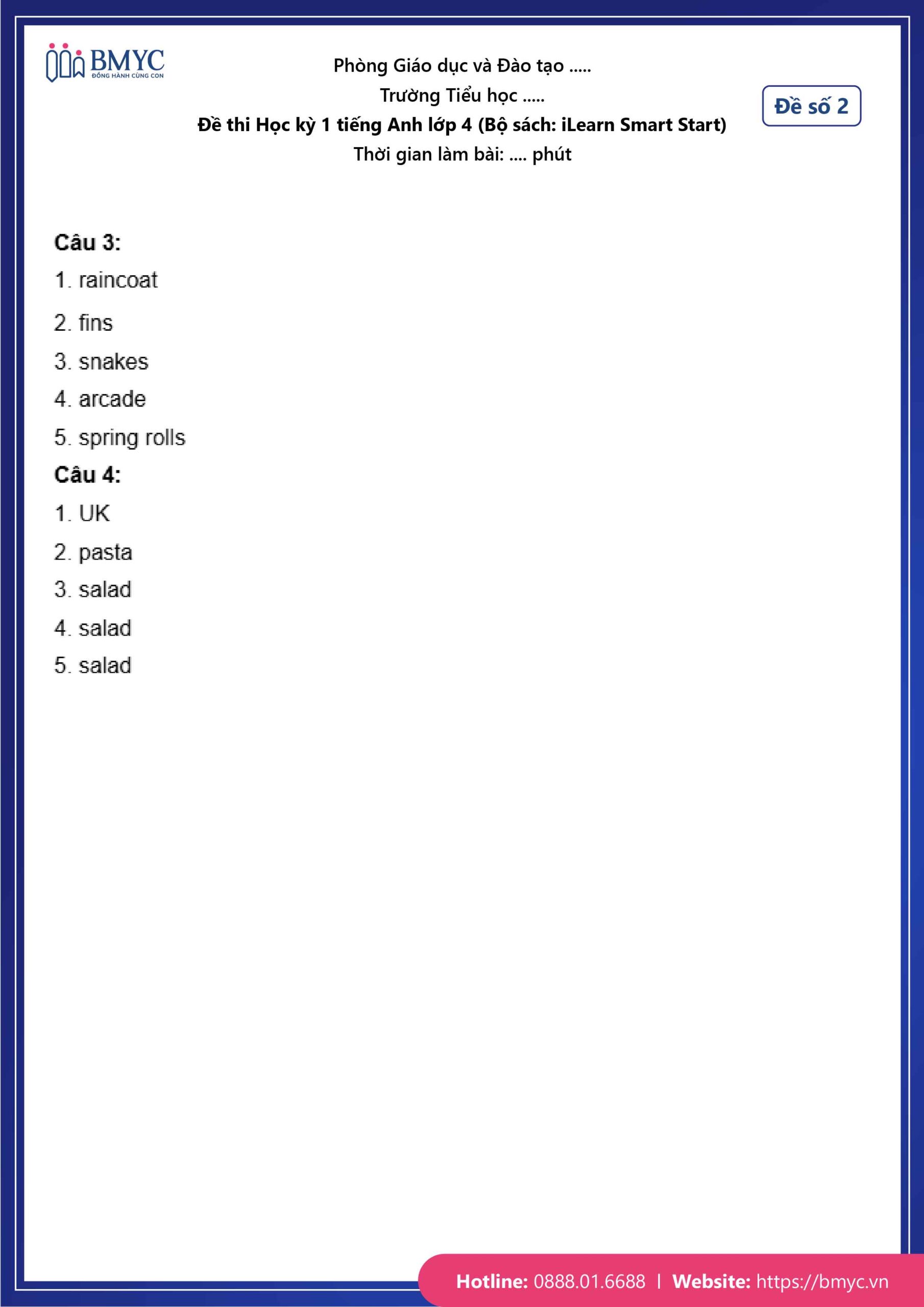 De thi TA lop 4-94 Đáp án đề số 2