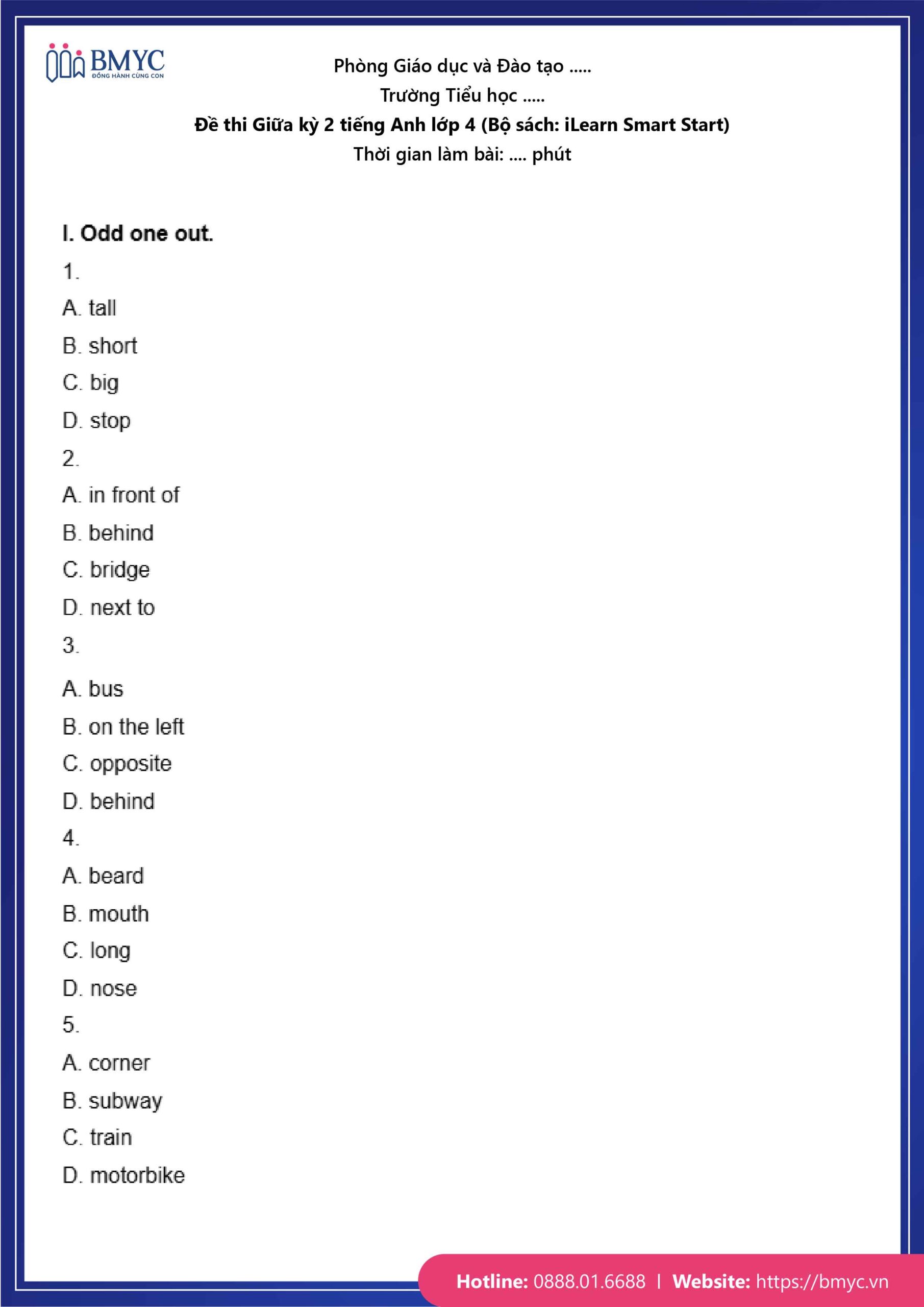 De thi TA lop 4-96 Đề số 1