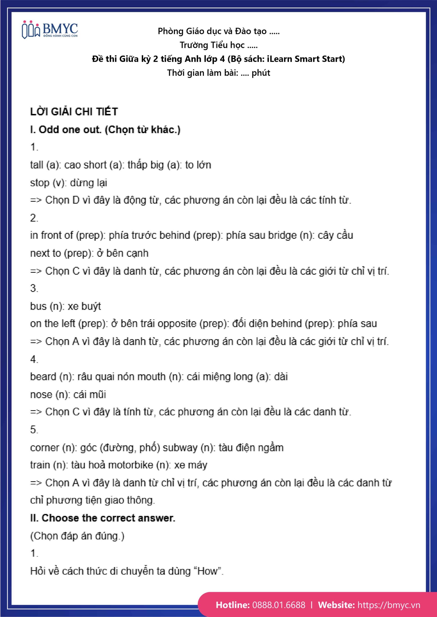 De thi TA lop 4-99 Đáp án đề số 1