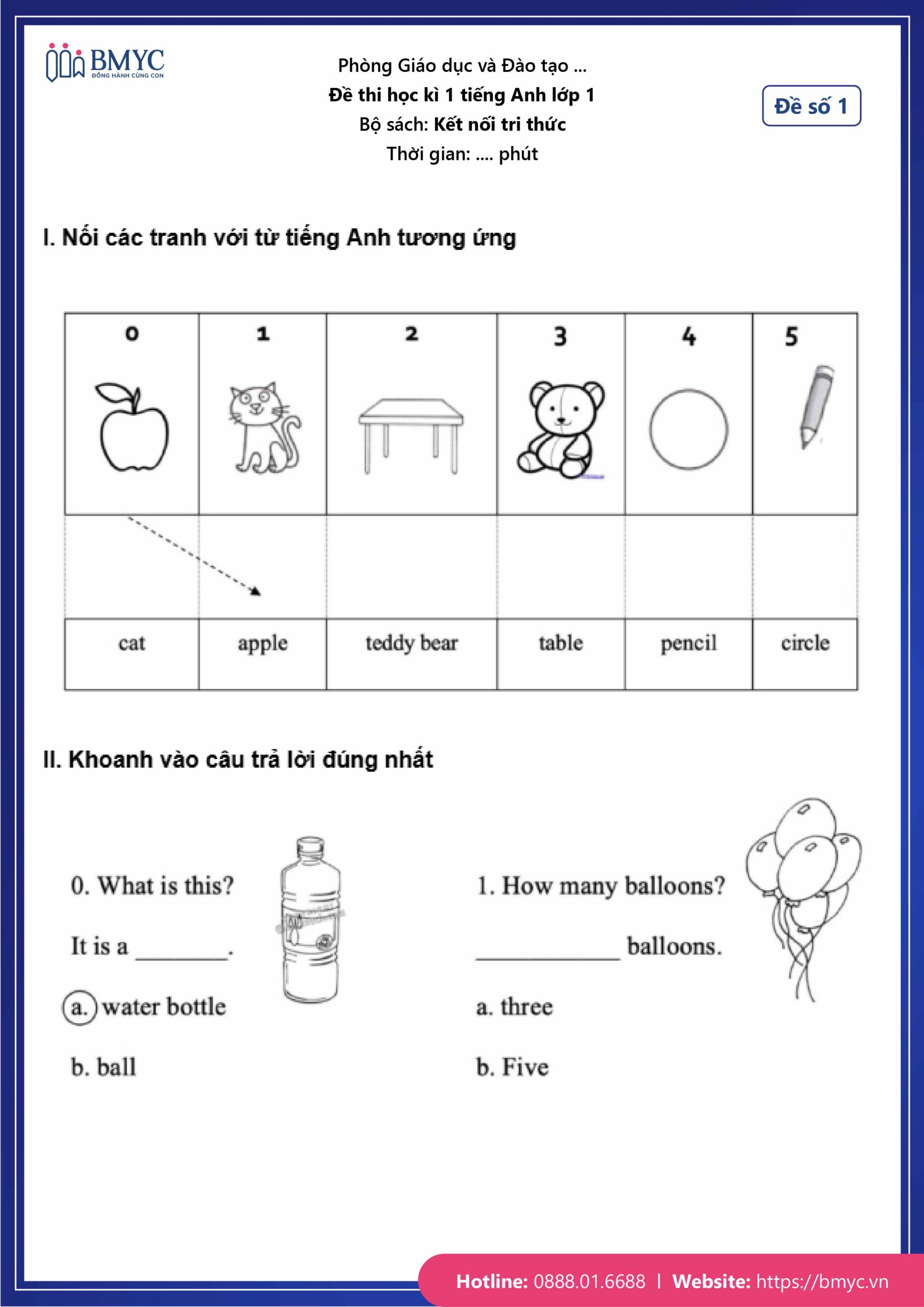 Đề tiếng Anh lớp 1 - Học kì 1 Đề số 1