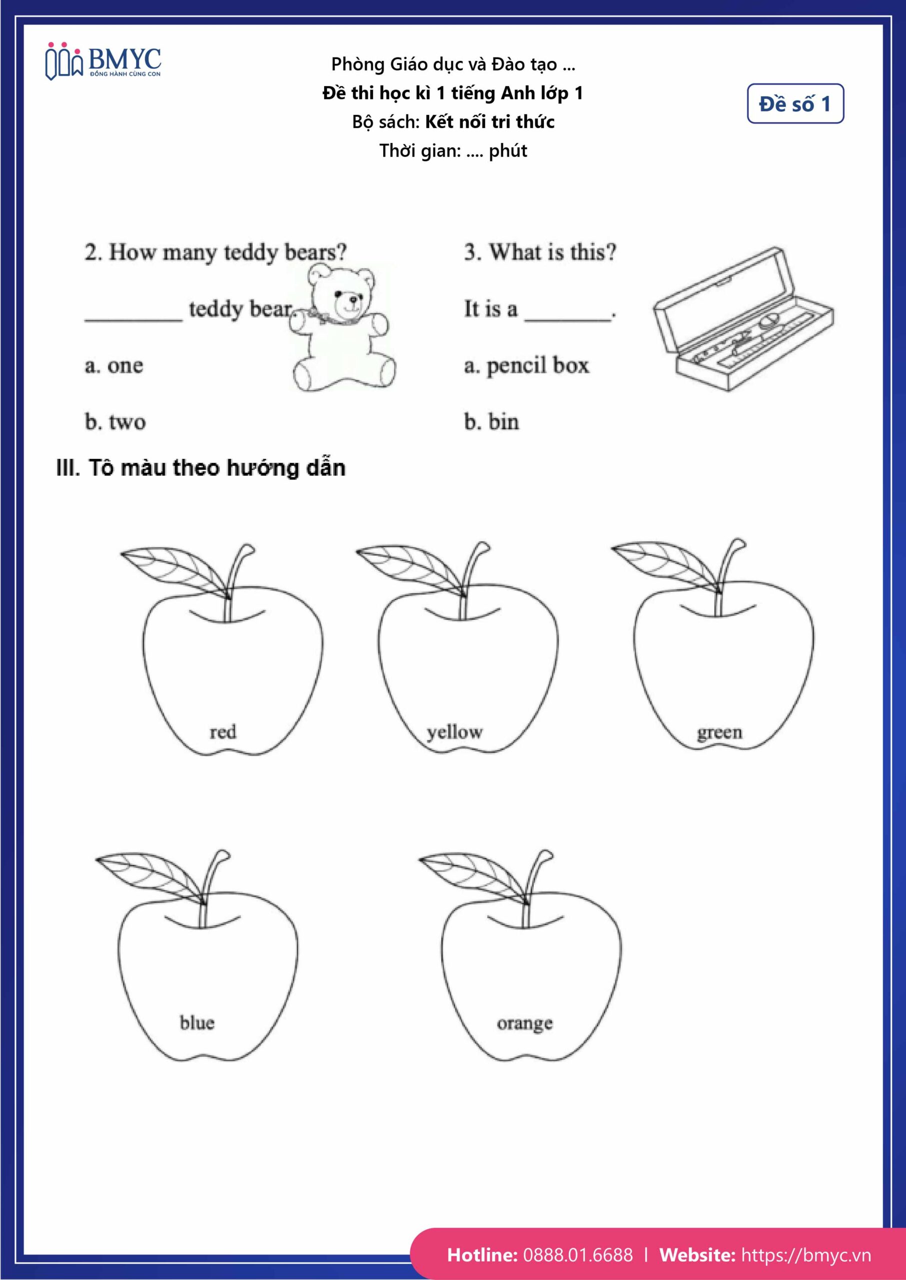 Đề tiếng Anh lớp 1 - Học kì 1 Đề số 1