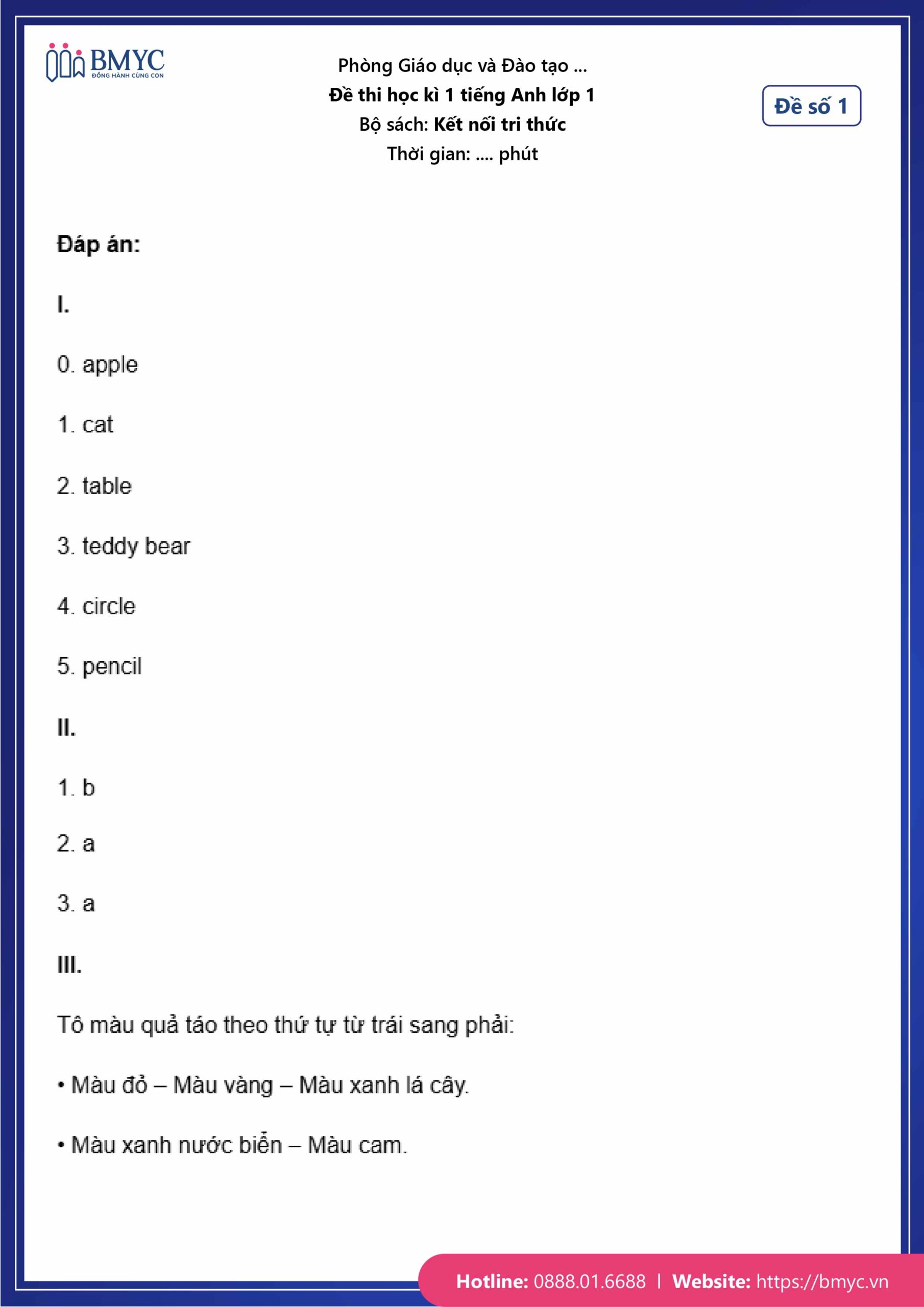 Đáp án: Đề tiếng Anh lớp 1 - Học kì 1 Đáp án: Đề số 1