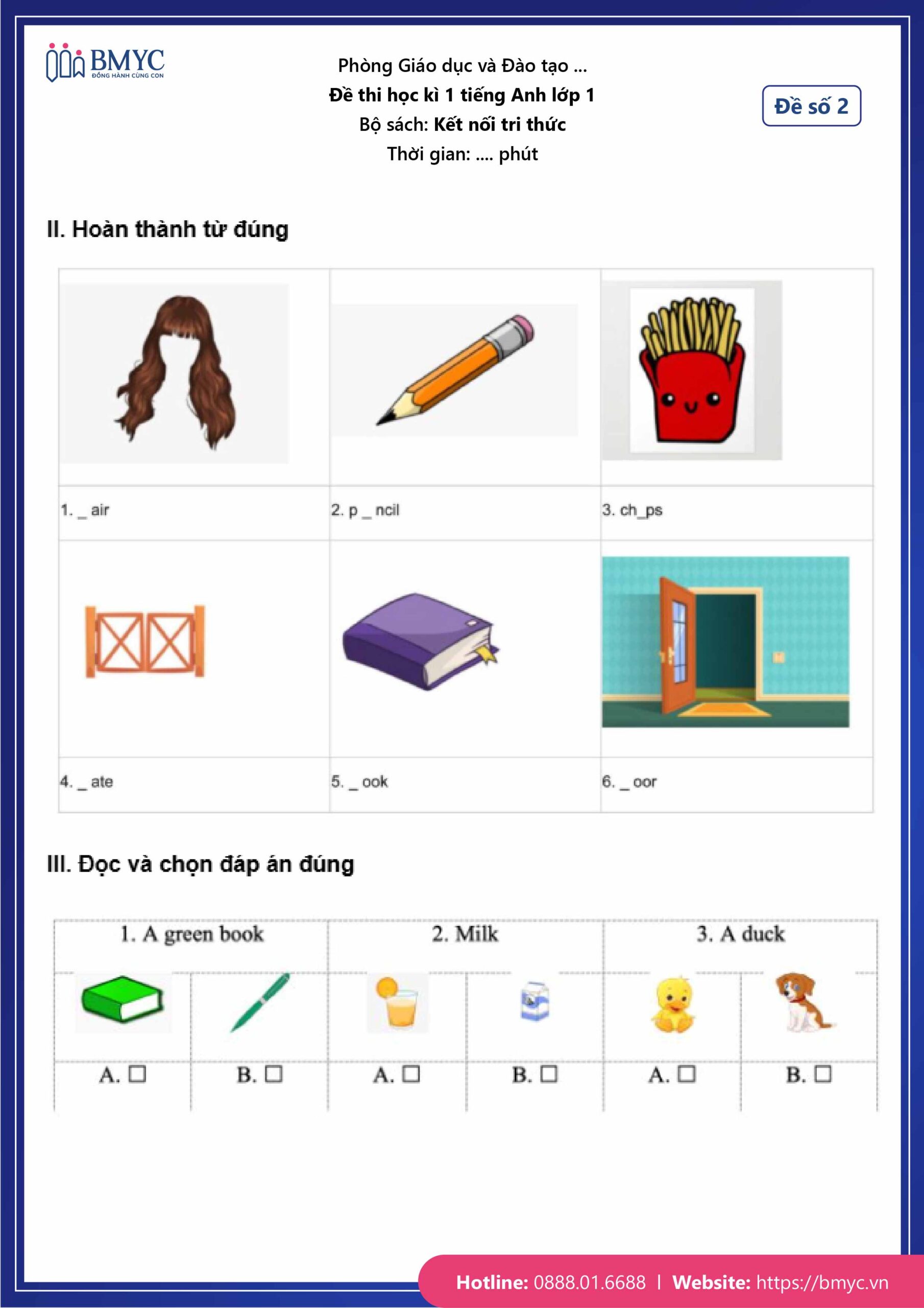 De thi tieng Anh lop 1-07 Đề số 2