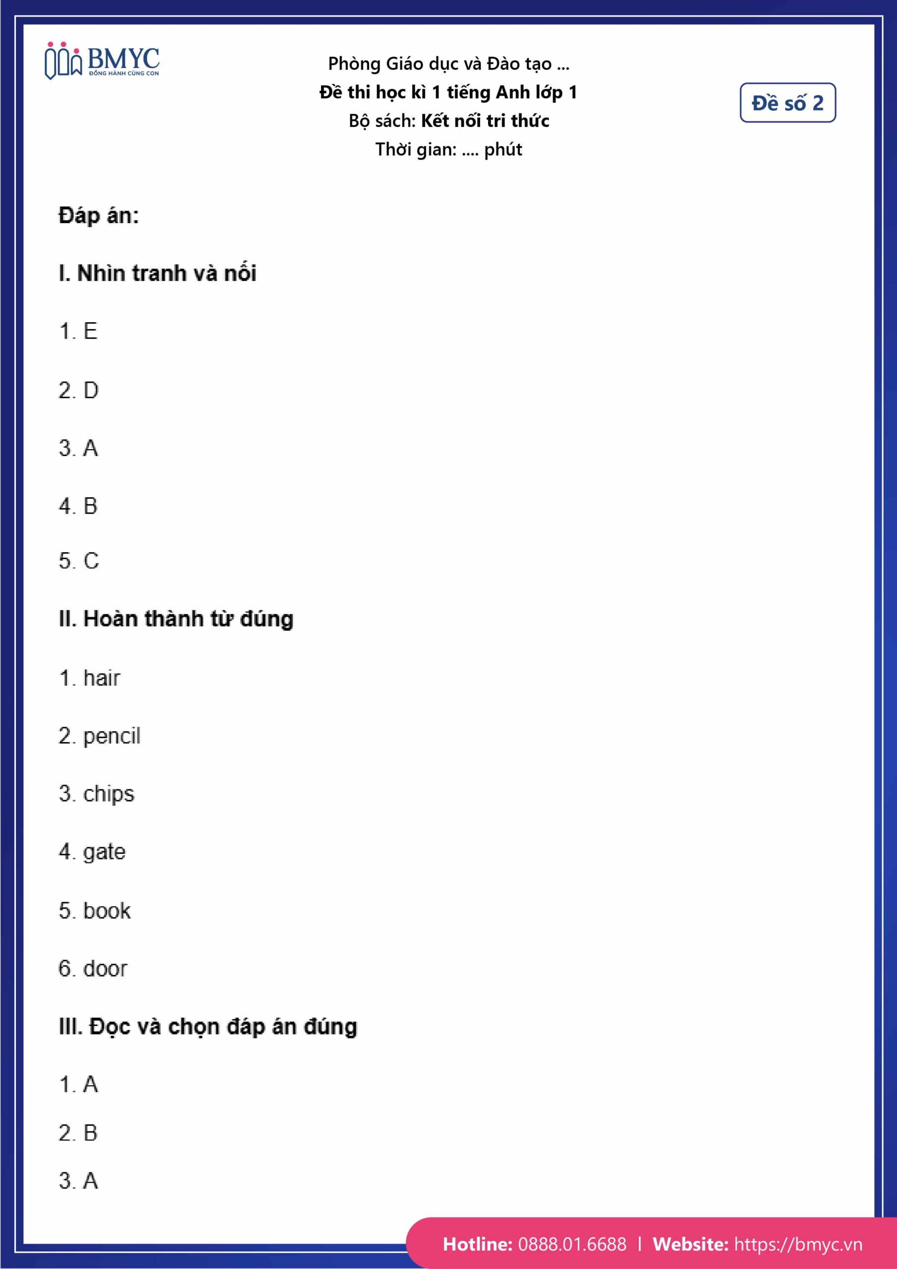 De thi tieng Anh lop 1-08 Đáp án đề số 2