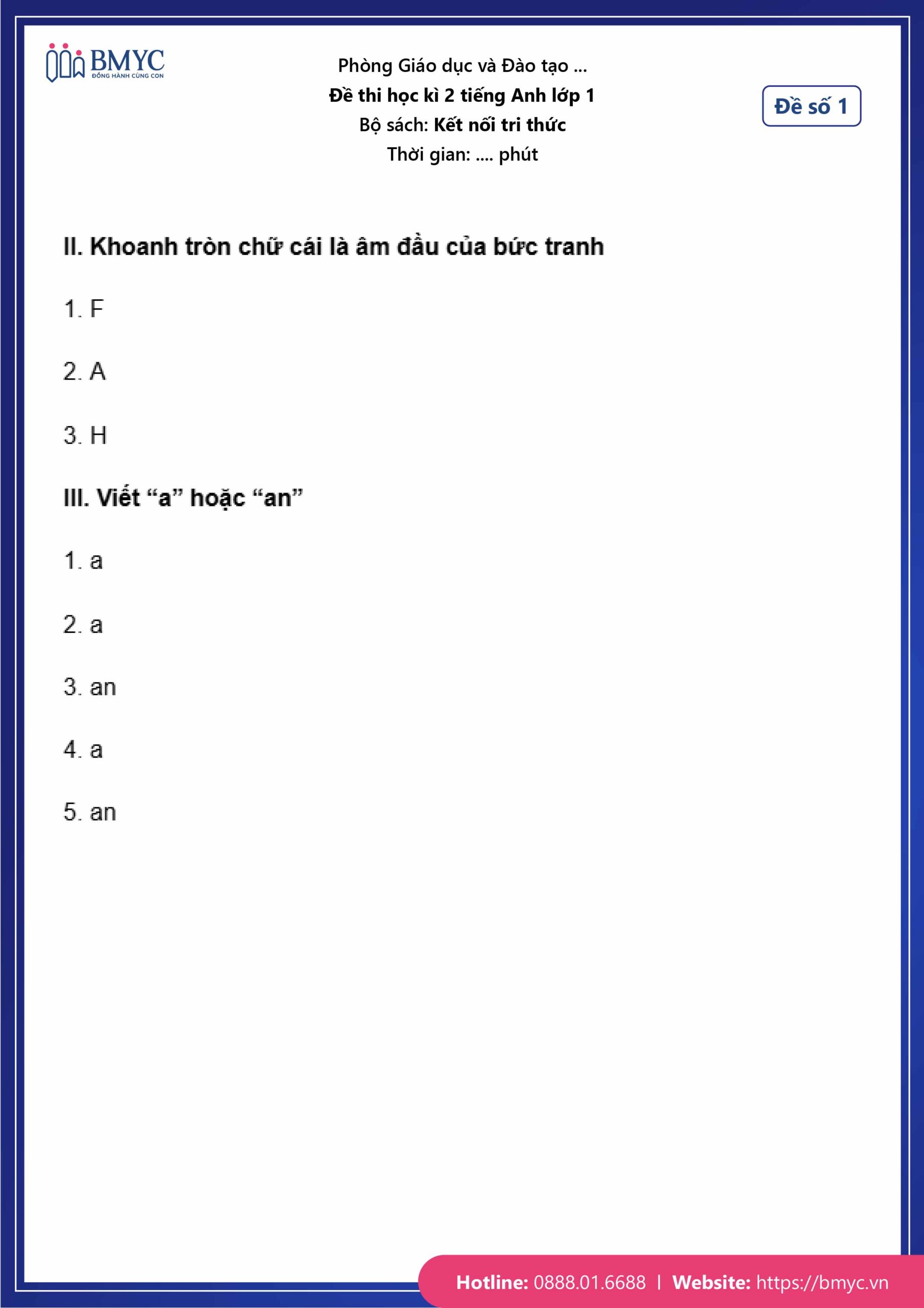 De thi tieng Anh lop 1-11 Đáp án đề số 1