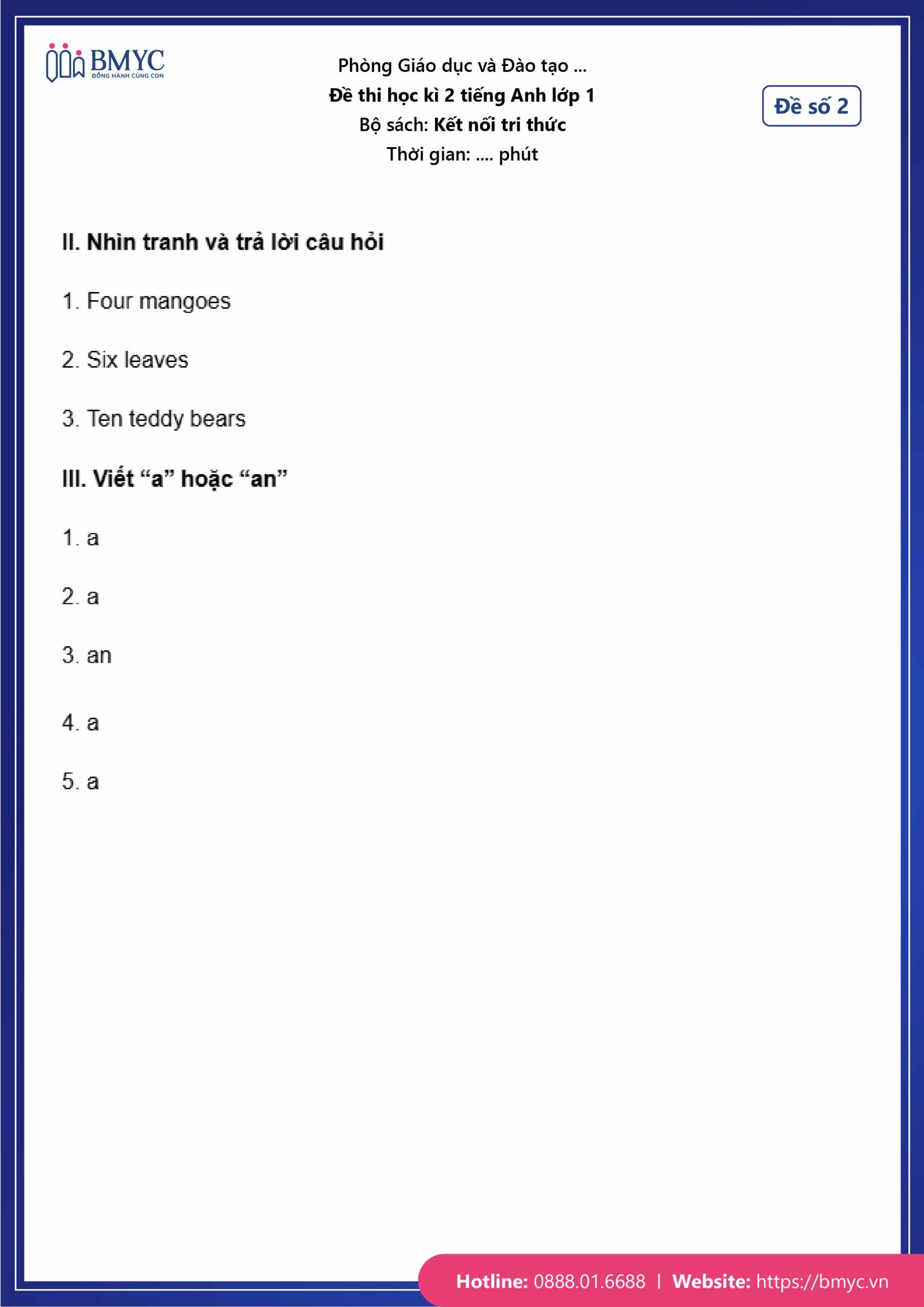 Đáp án đề số 2 Đáp án đề số 2