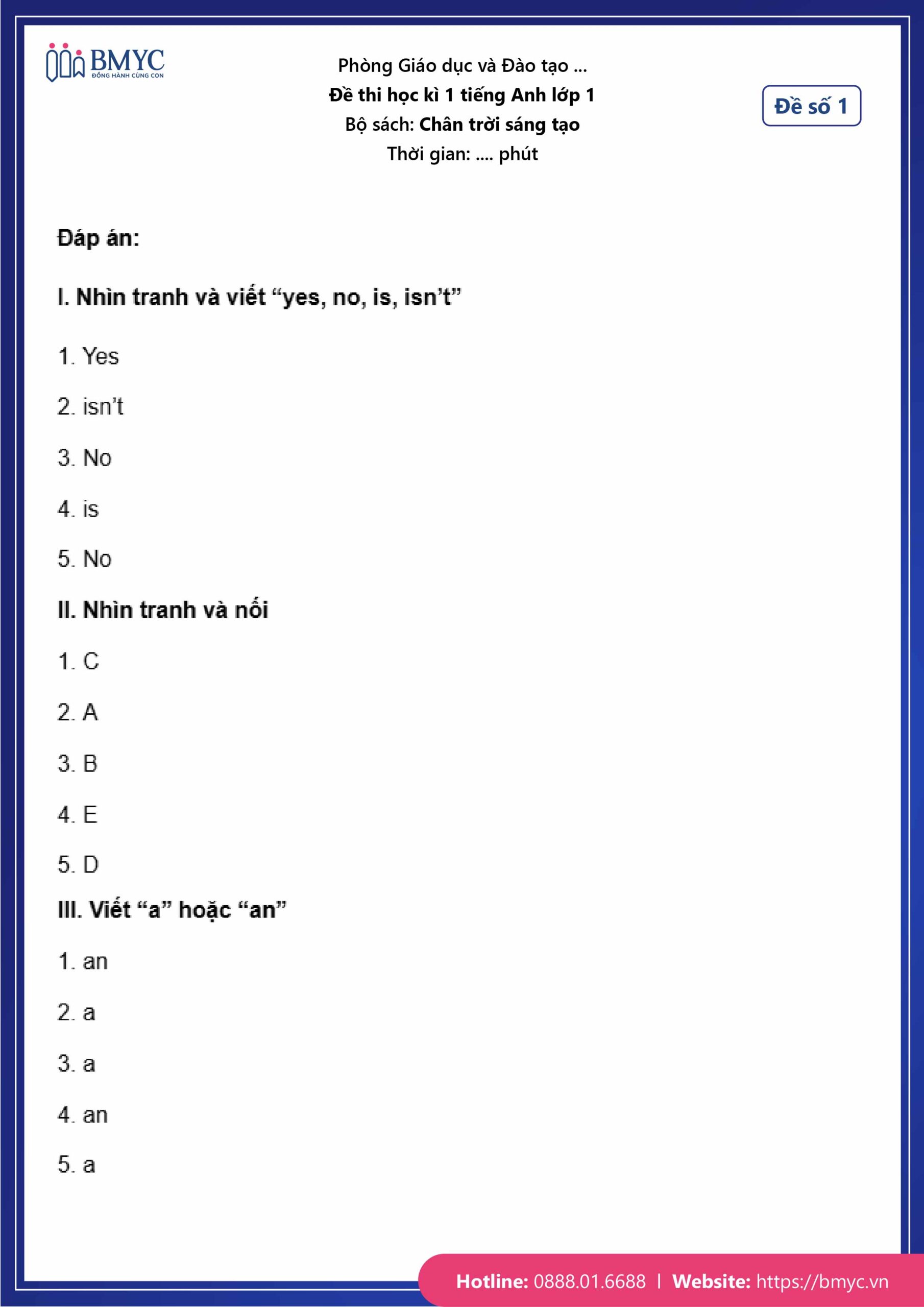 Đáp án đề số 1 Đáp án đề số 1