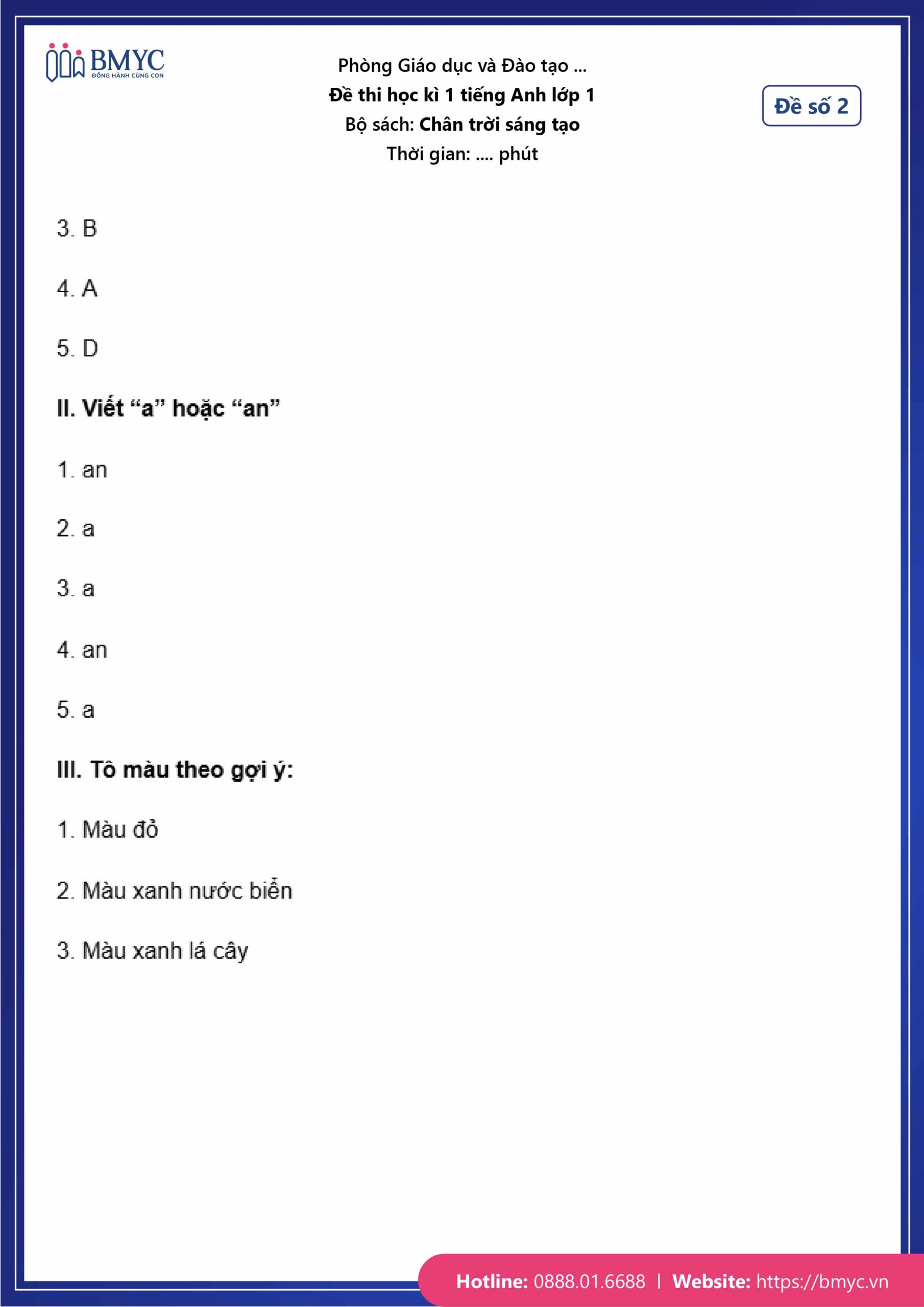 Đáp án đề số 2 Đáp án đề số 2