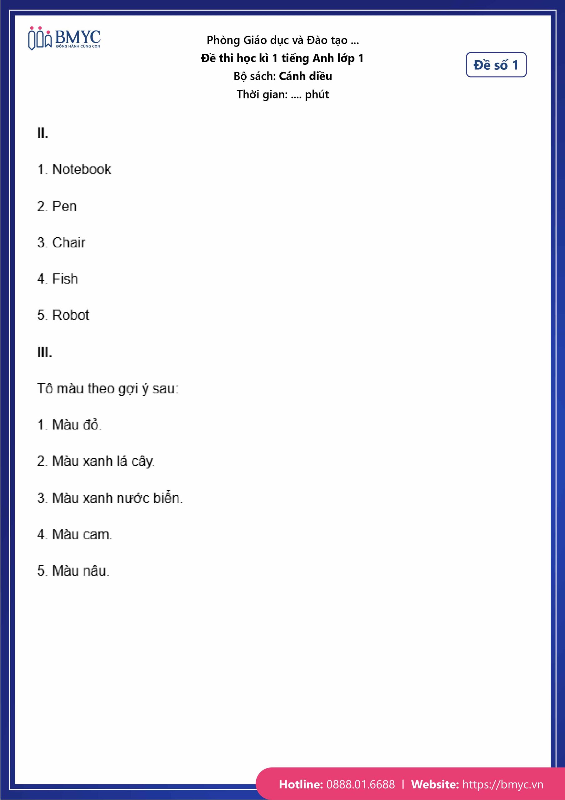 De thi tieng Anh lop 1-31 Đáp án đề số 1