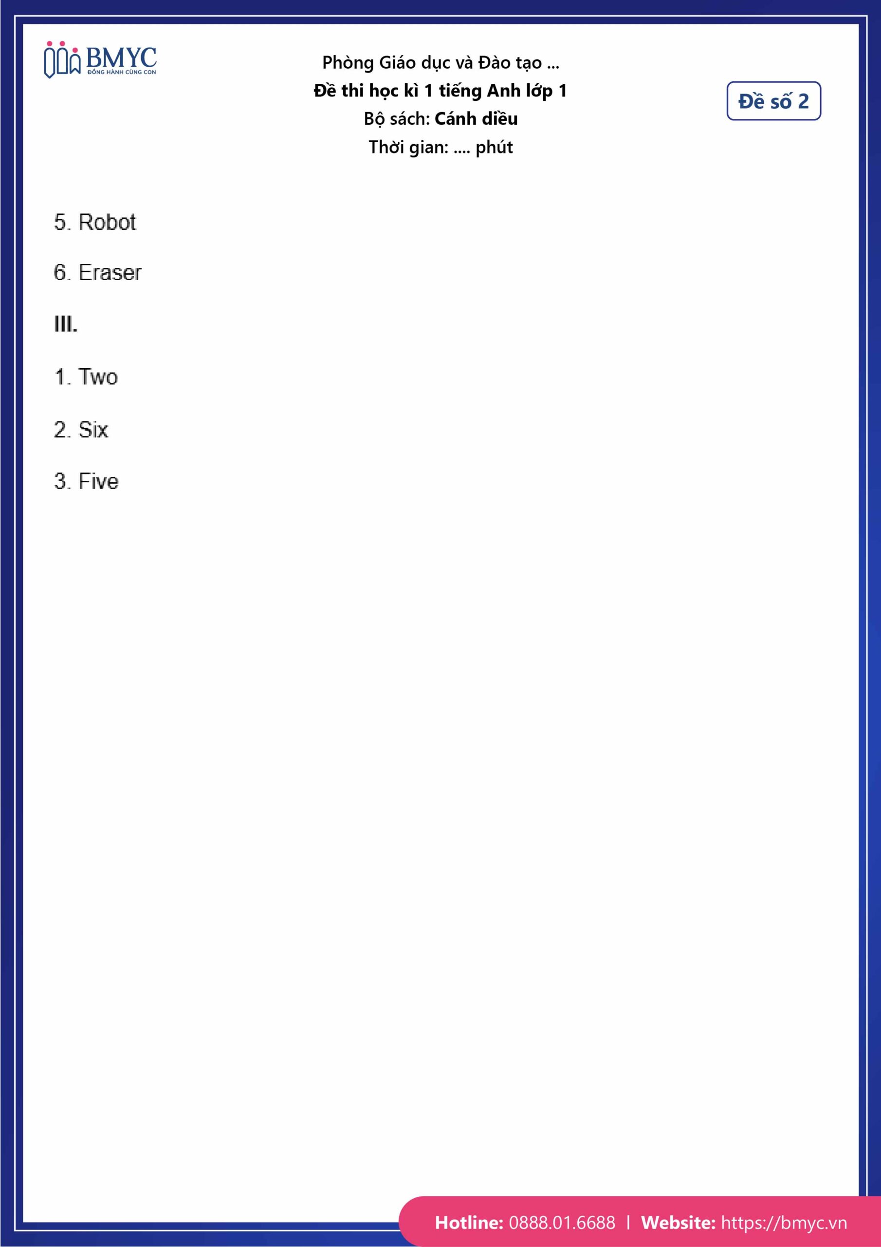 De thi tieng Anh lop 1-34 Đáp án đề số 2