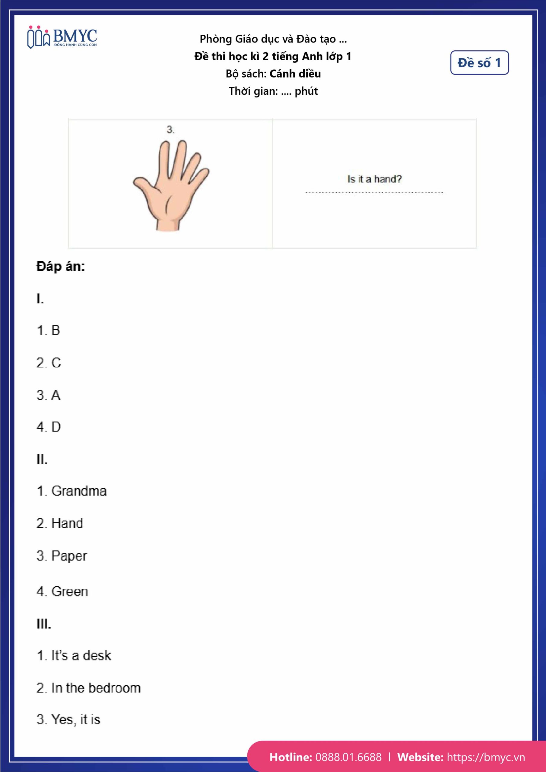 De thi tieng Anh lop 1-37 Đáp án đề số 1