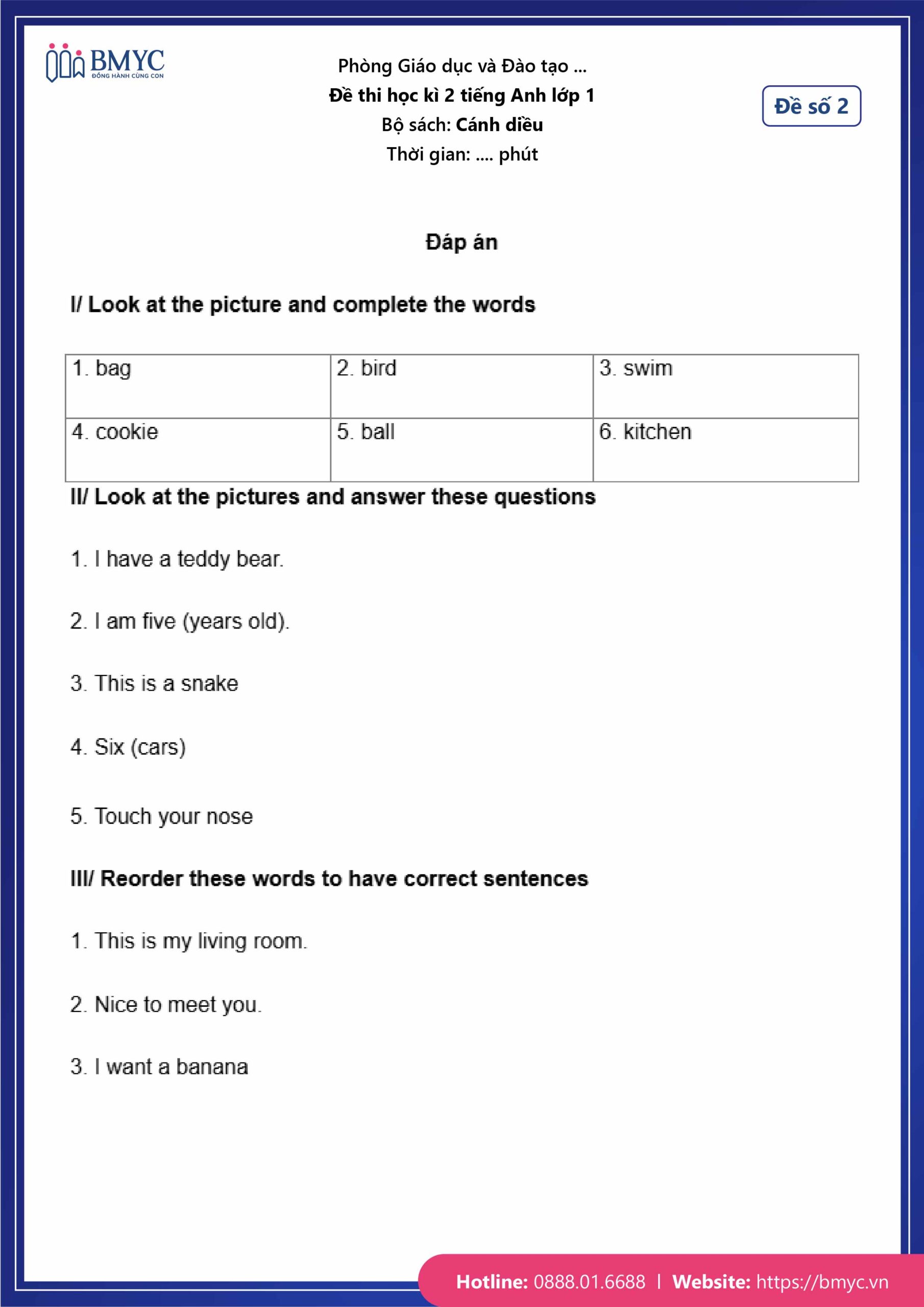 De thi tieng Anh lop 1-40 Đáp án đề số 2