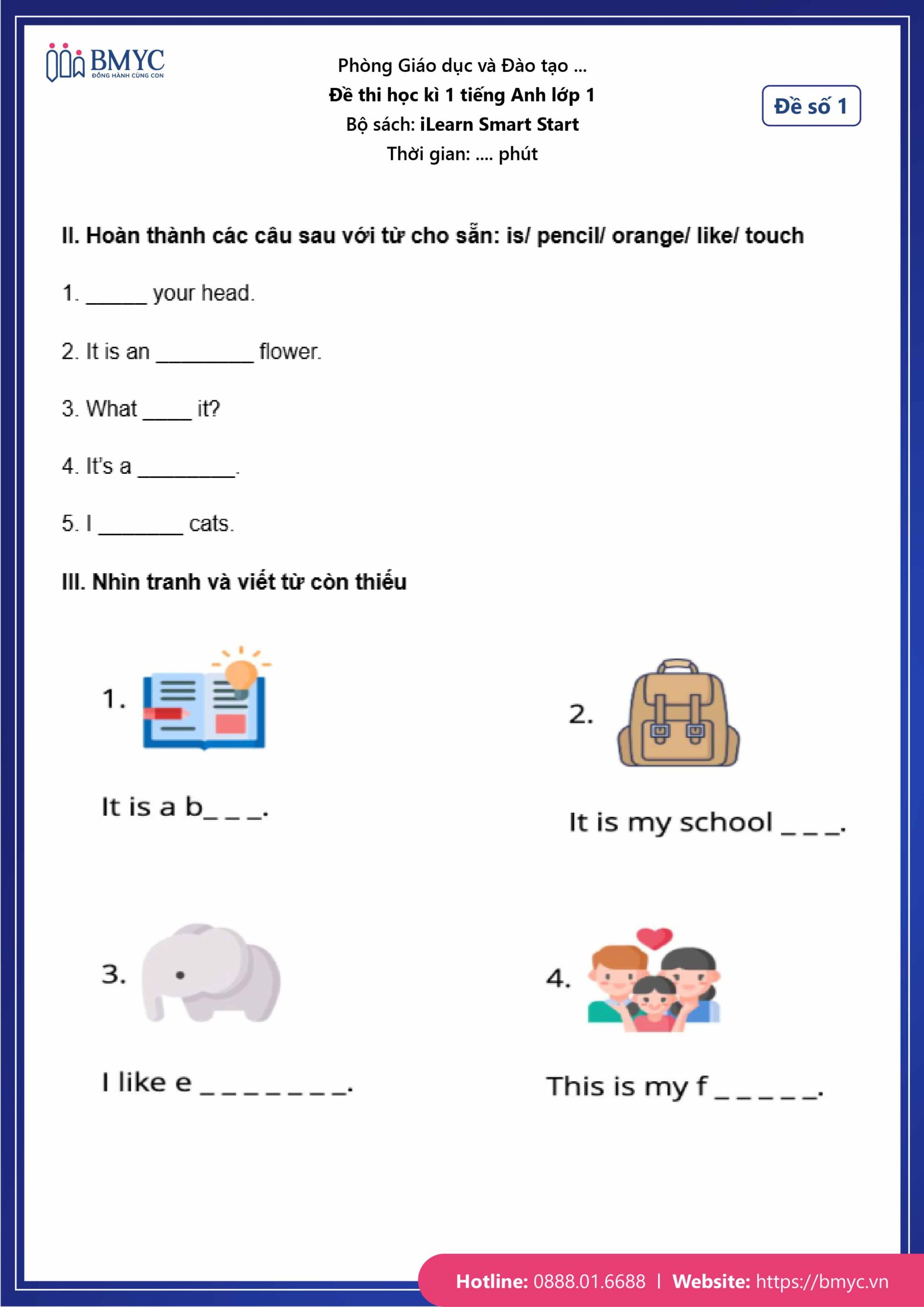 De thi tieng Anh lop 1-43 Đề số 1