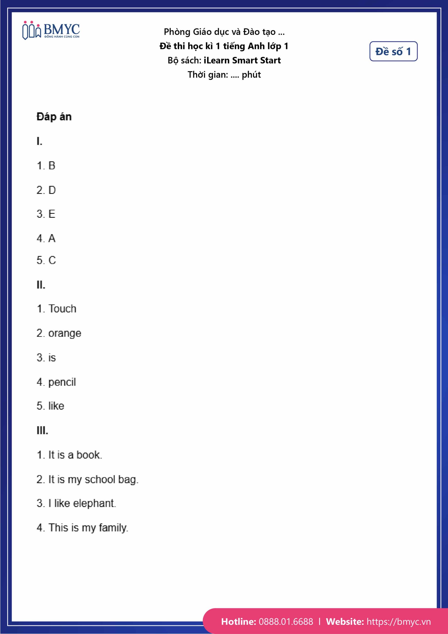 De thi tieng Anh lop 1-44 Đáp án đề số 1