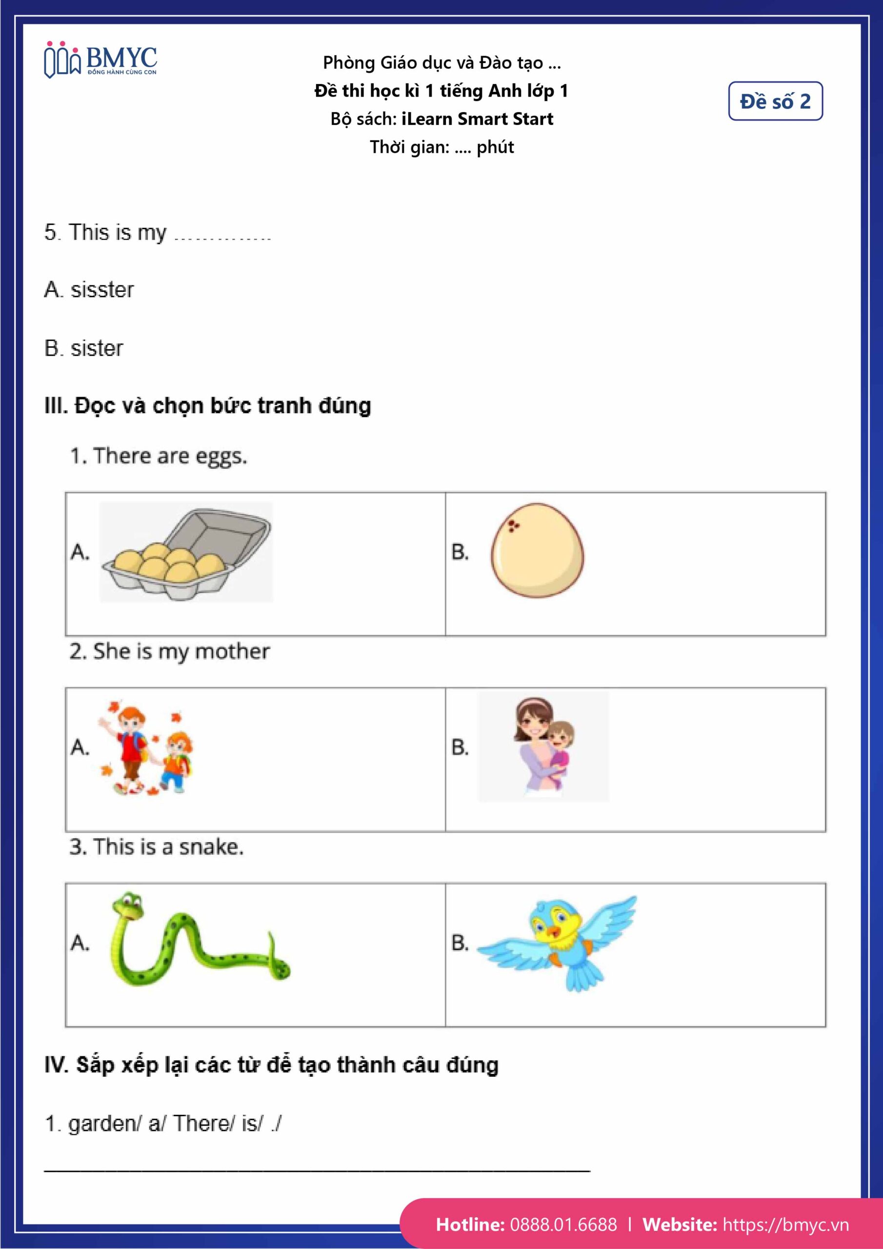 De thi tieng Anh lop 1-46 Đề số 2