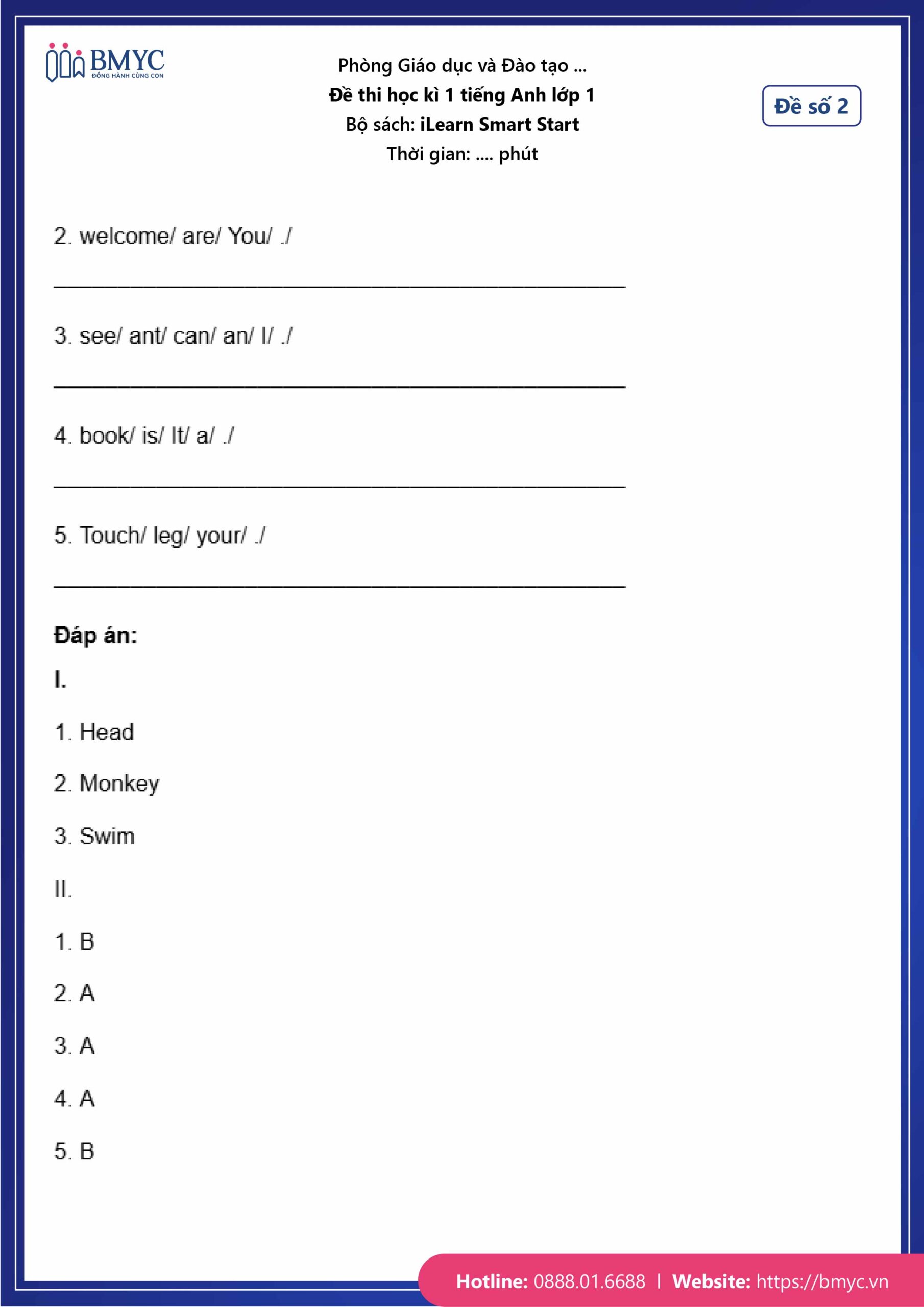 De thi tieng Anh lop 1-47 Đáp án đề số 2