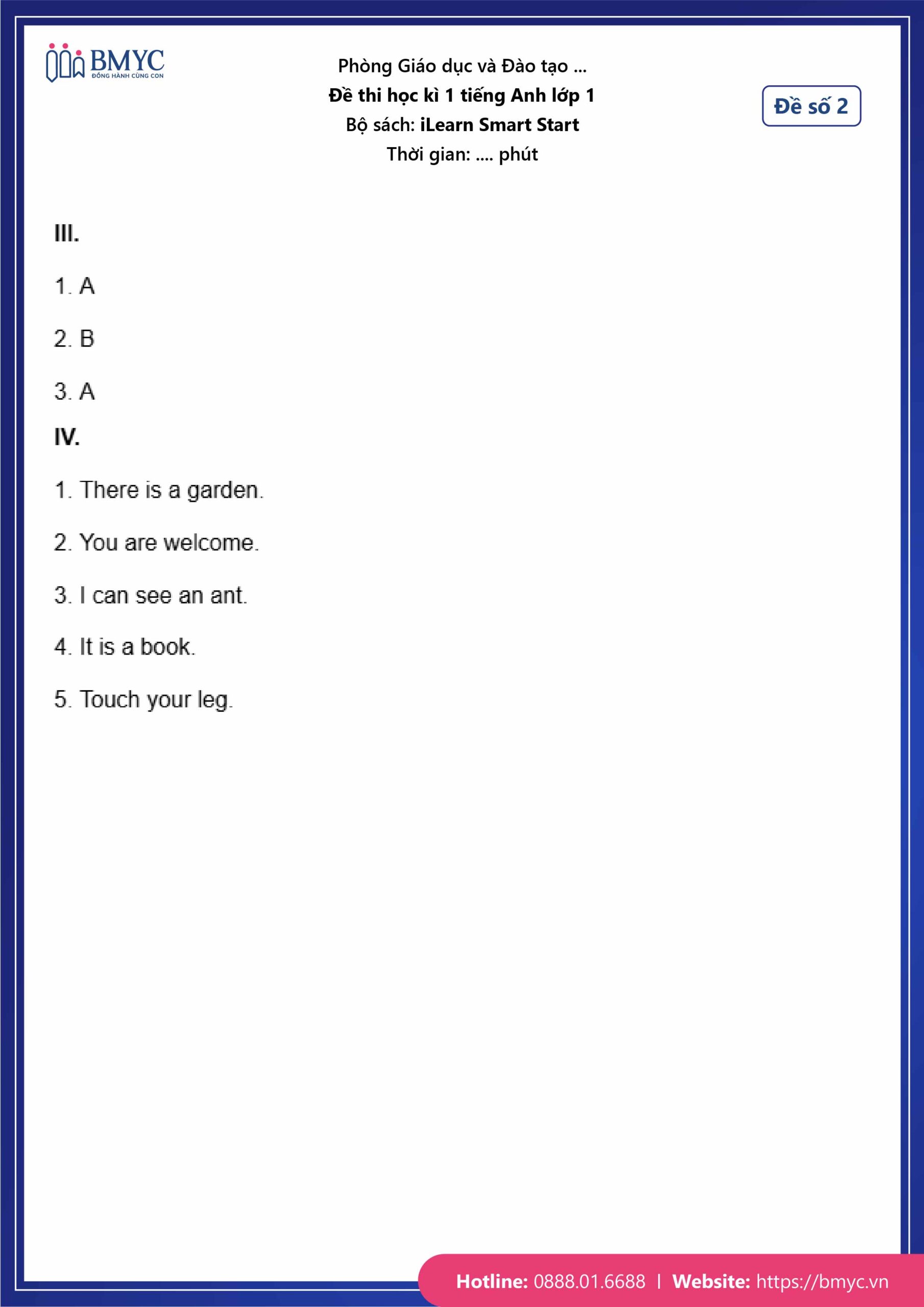 De thi tieng Anh lop 1-48 Đáp án đề số 2