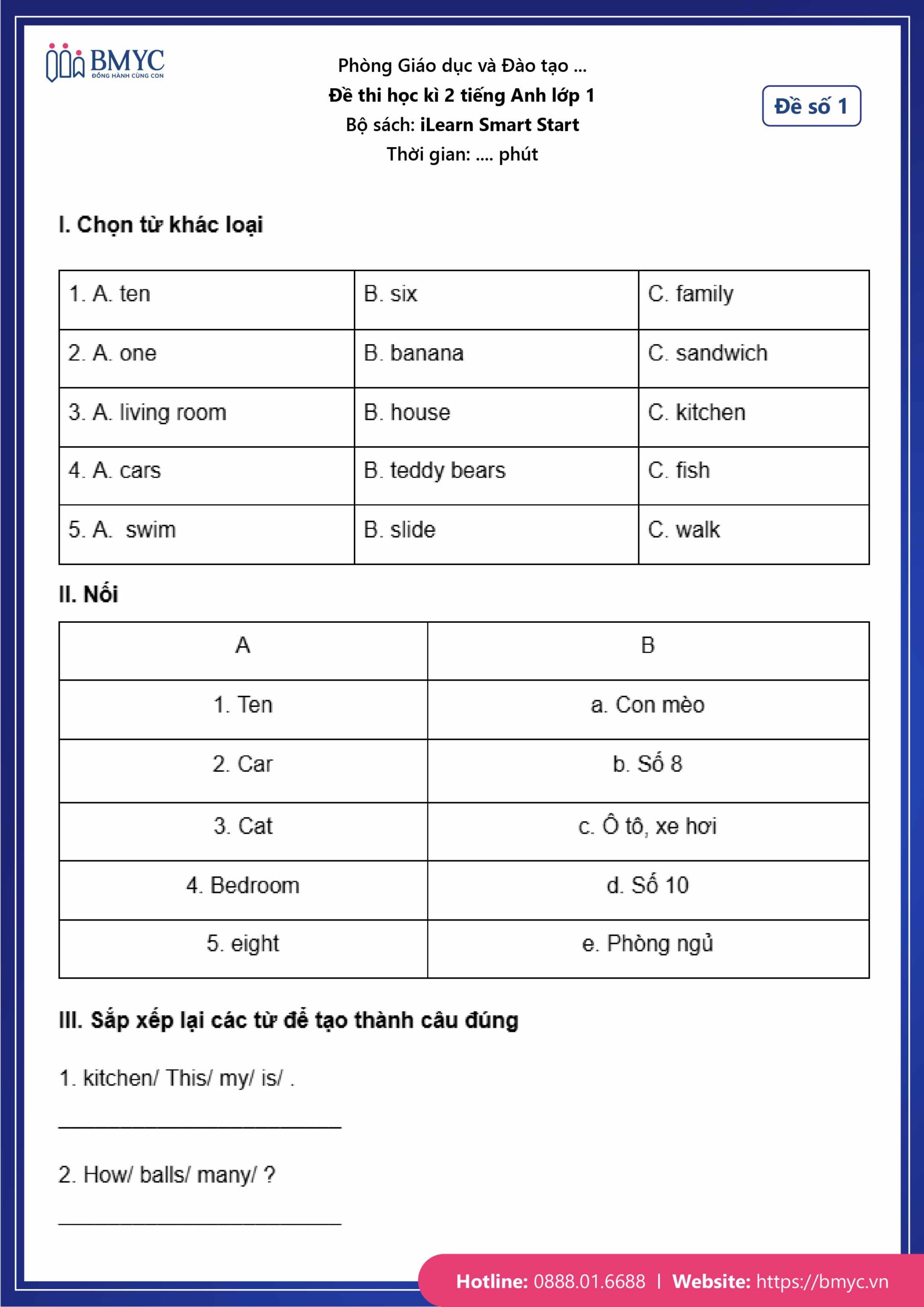 De thi tieng Anh lop 1-49 Đề số 1