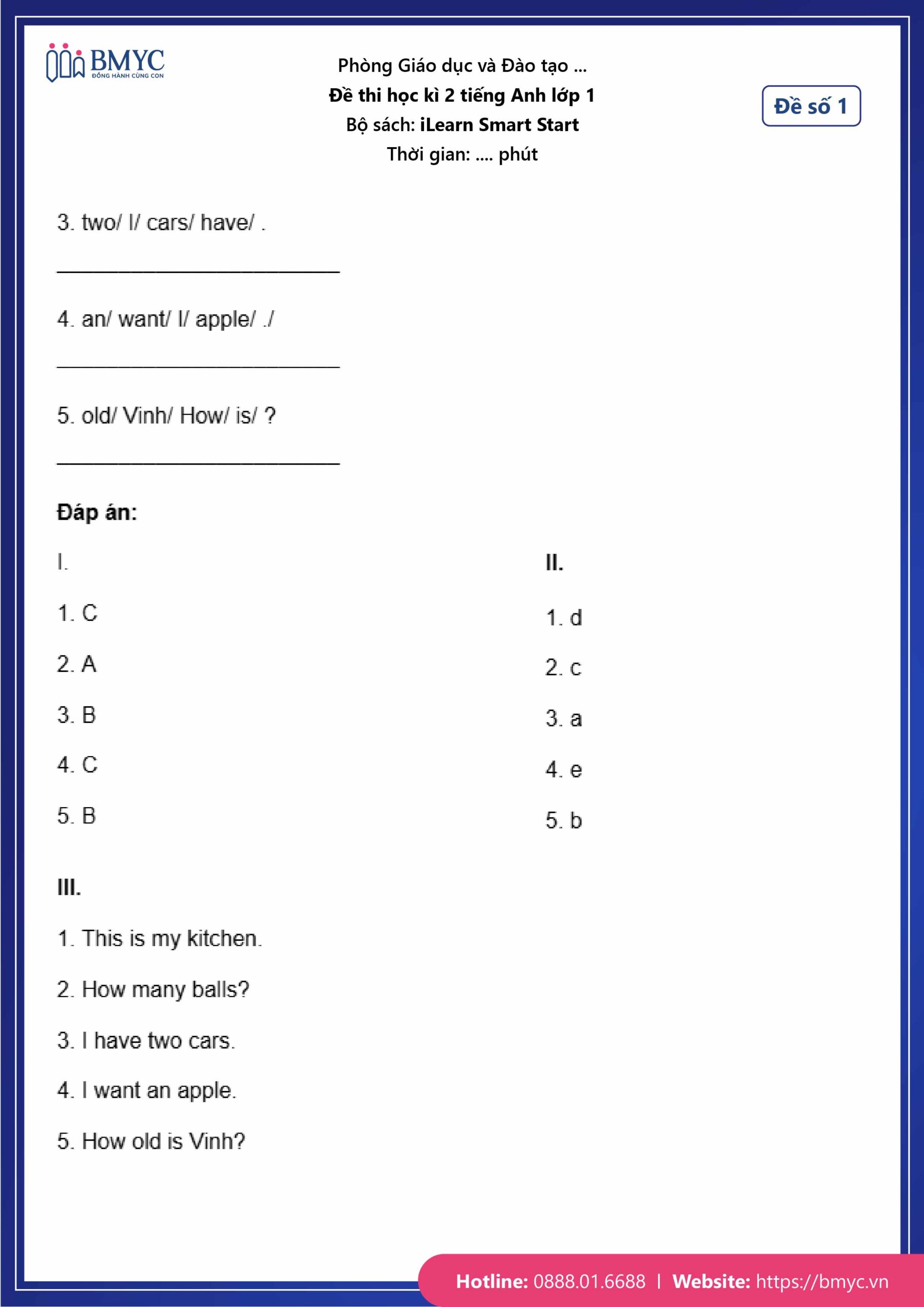 De thi tieng Anh lop 1-50 Đáp án đề số 1