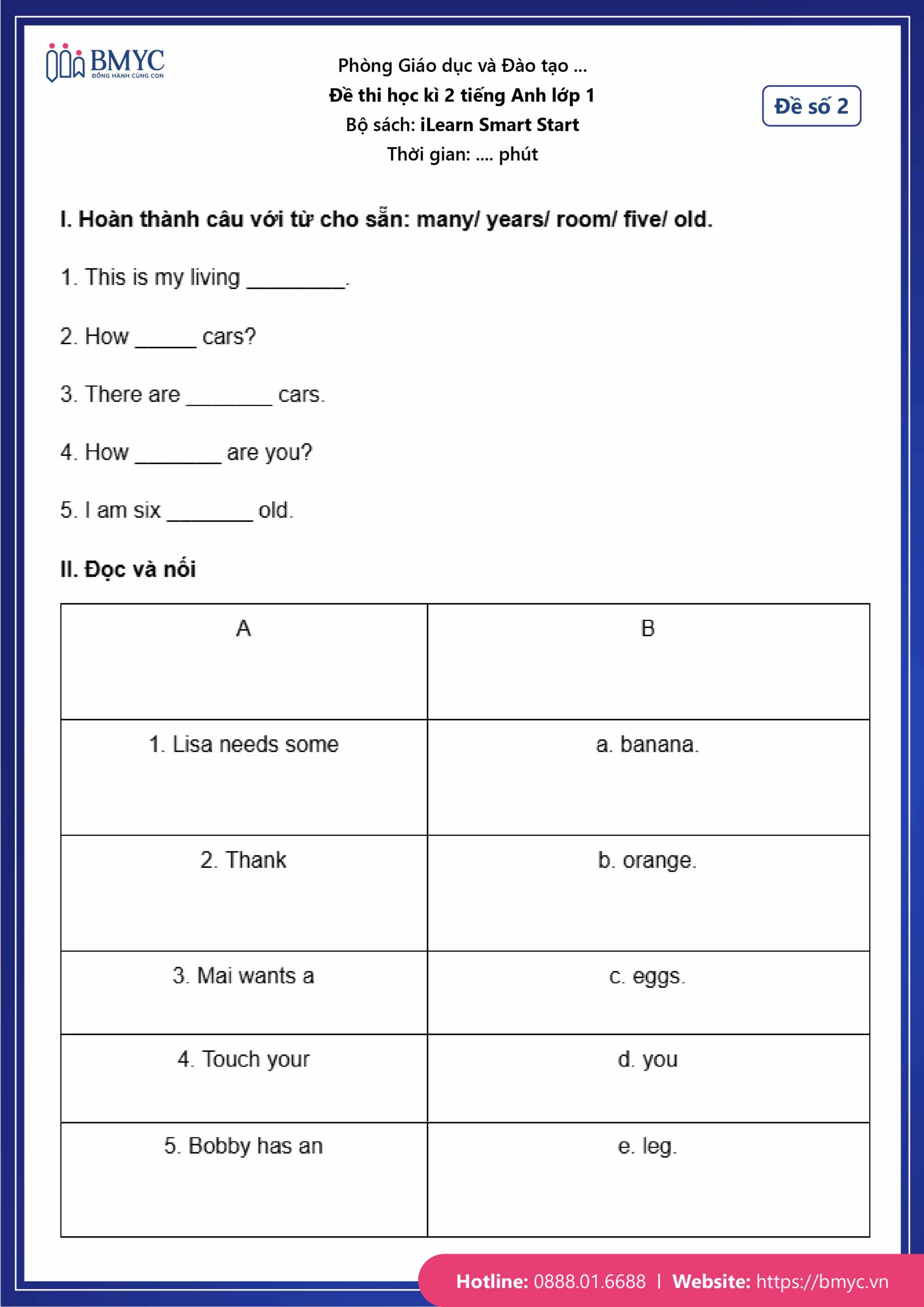 De thi tieng Anh lop 1-51 Đề số 2