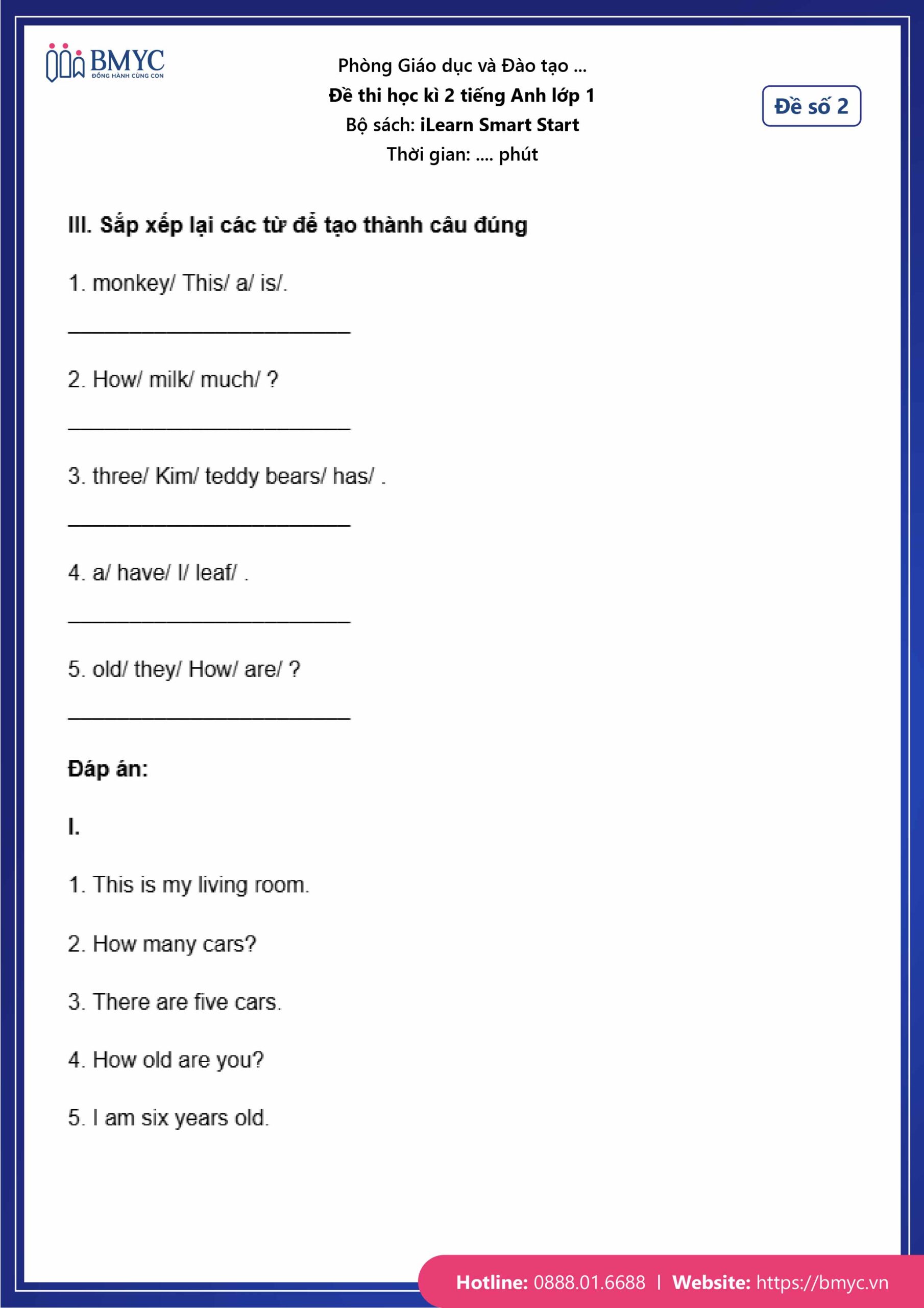 De thi tieng Anh lop 1-52 Đáp án đề số 2