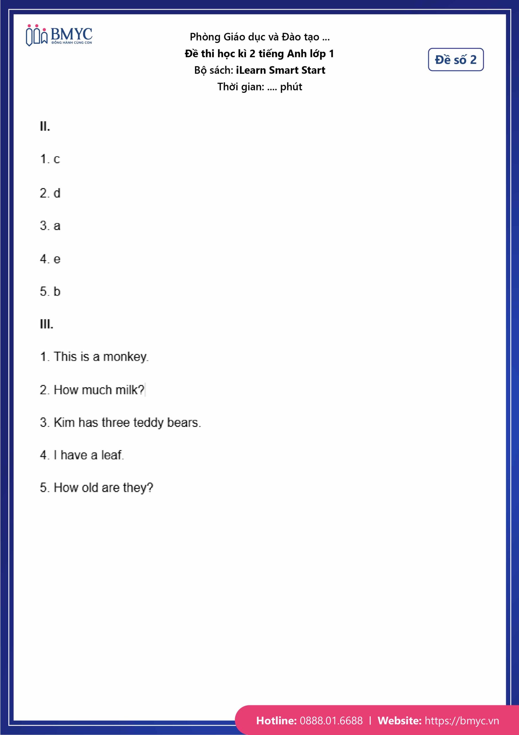 De thi tieng Anh lop 1-53 Đáp án đề số 2