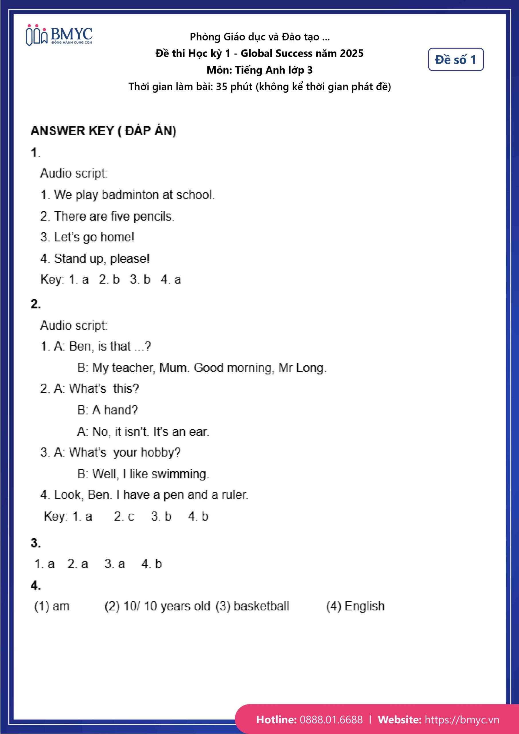 Đáp án đề số 1
