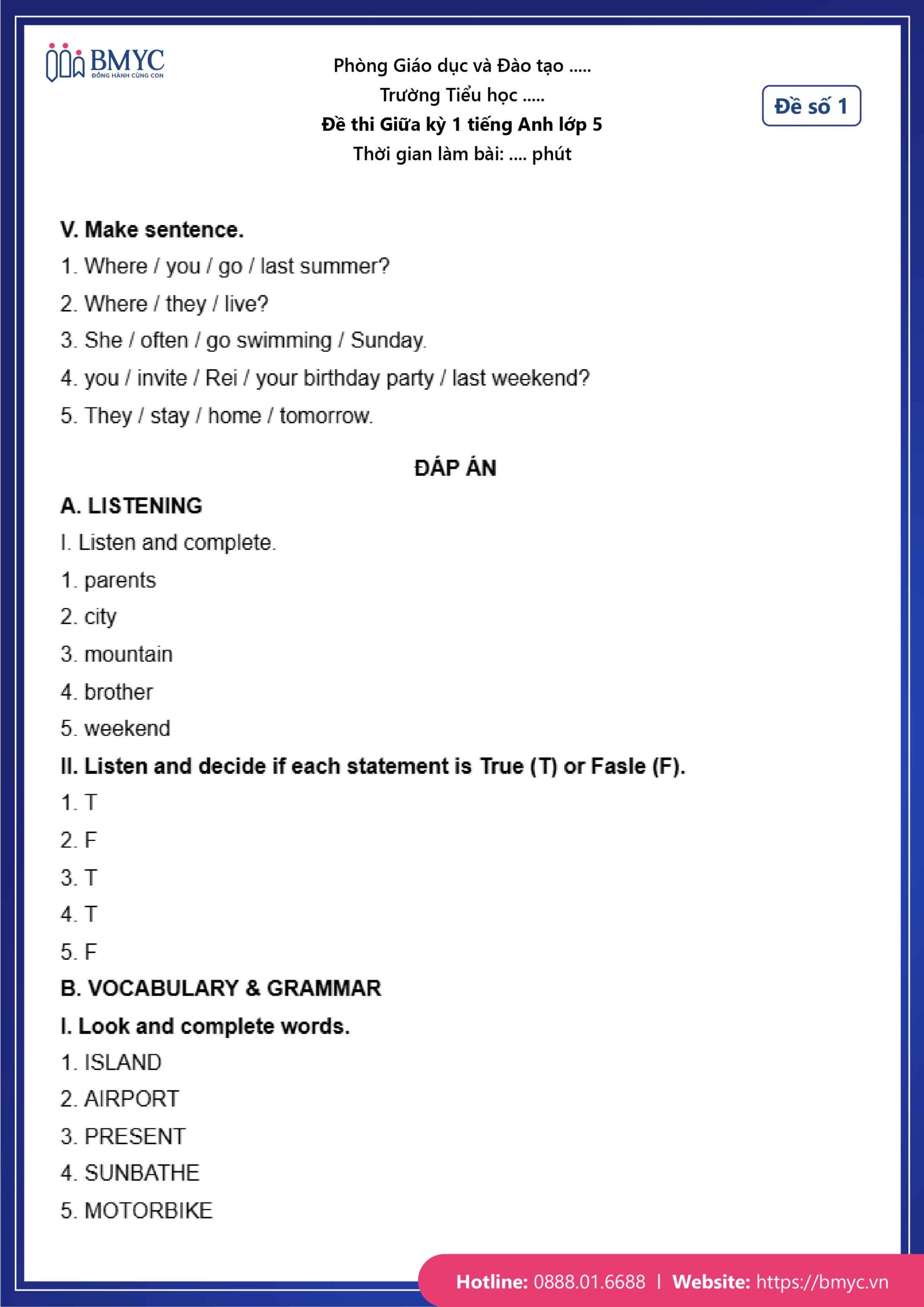 Đáp án đề số 1