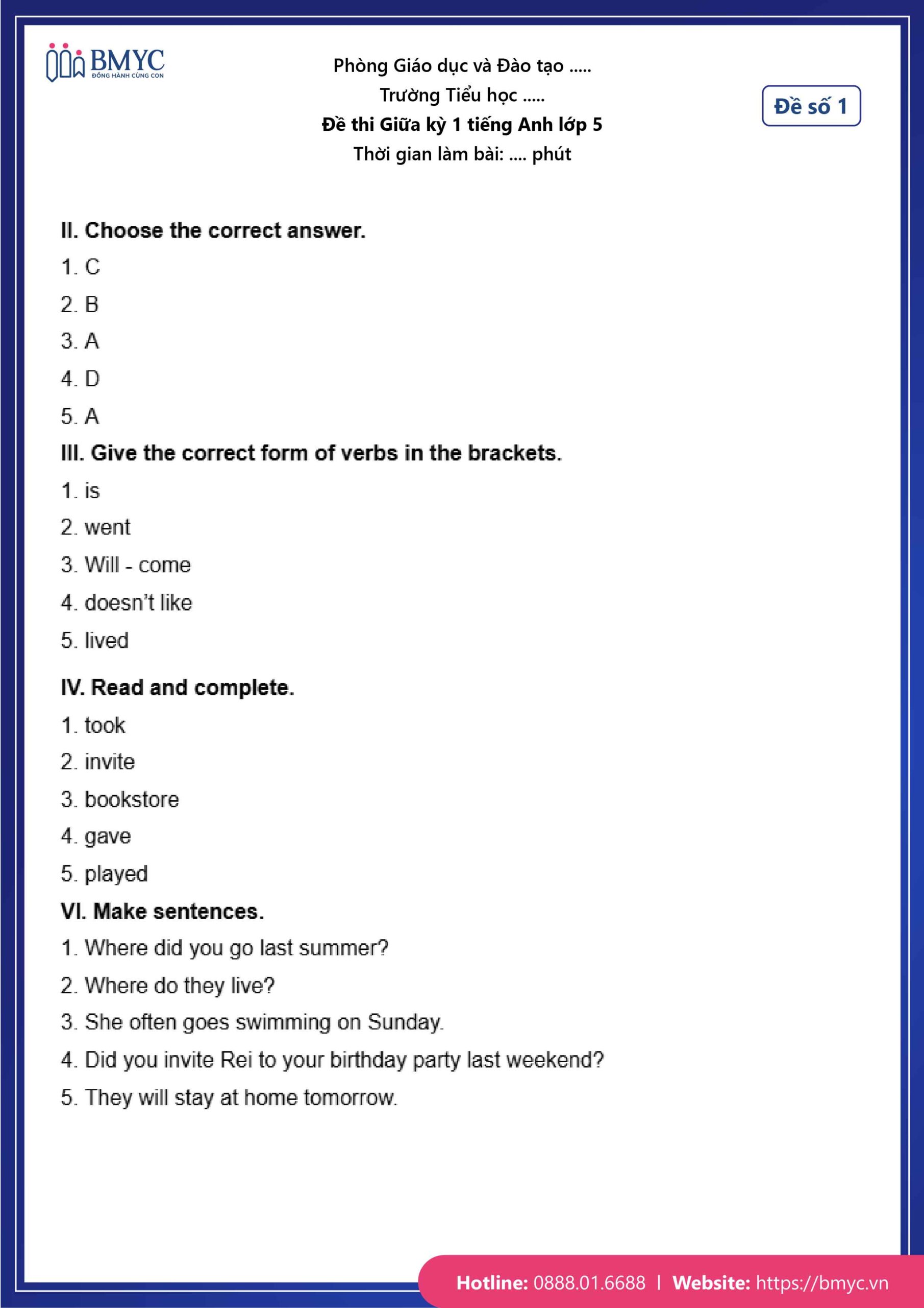 Đáp án đề số 1