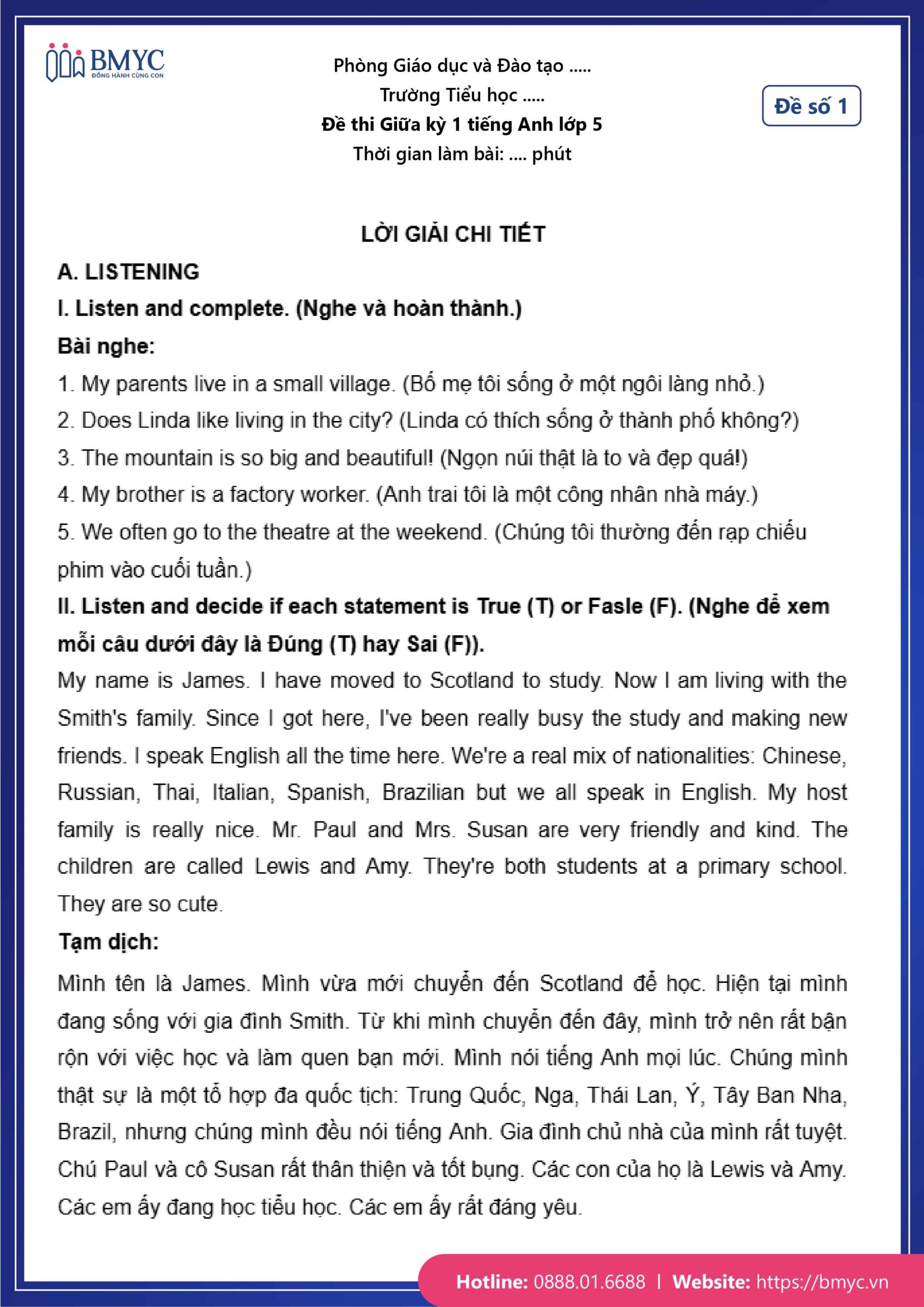 Đáp án đề số 1