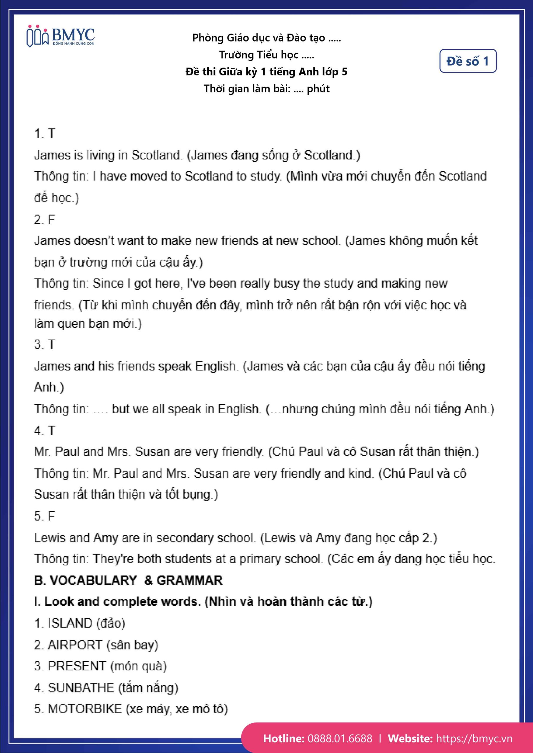 Đáp án đề số 1