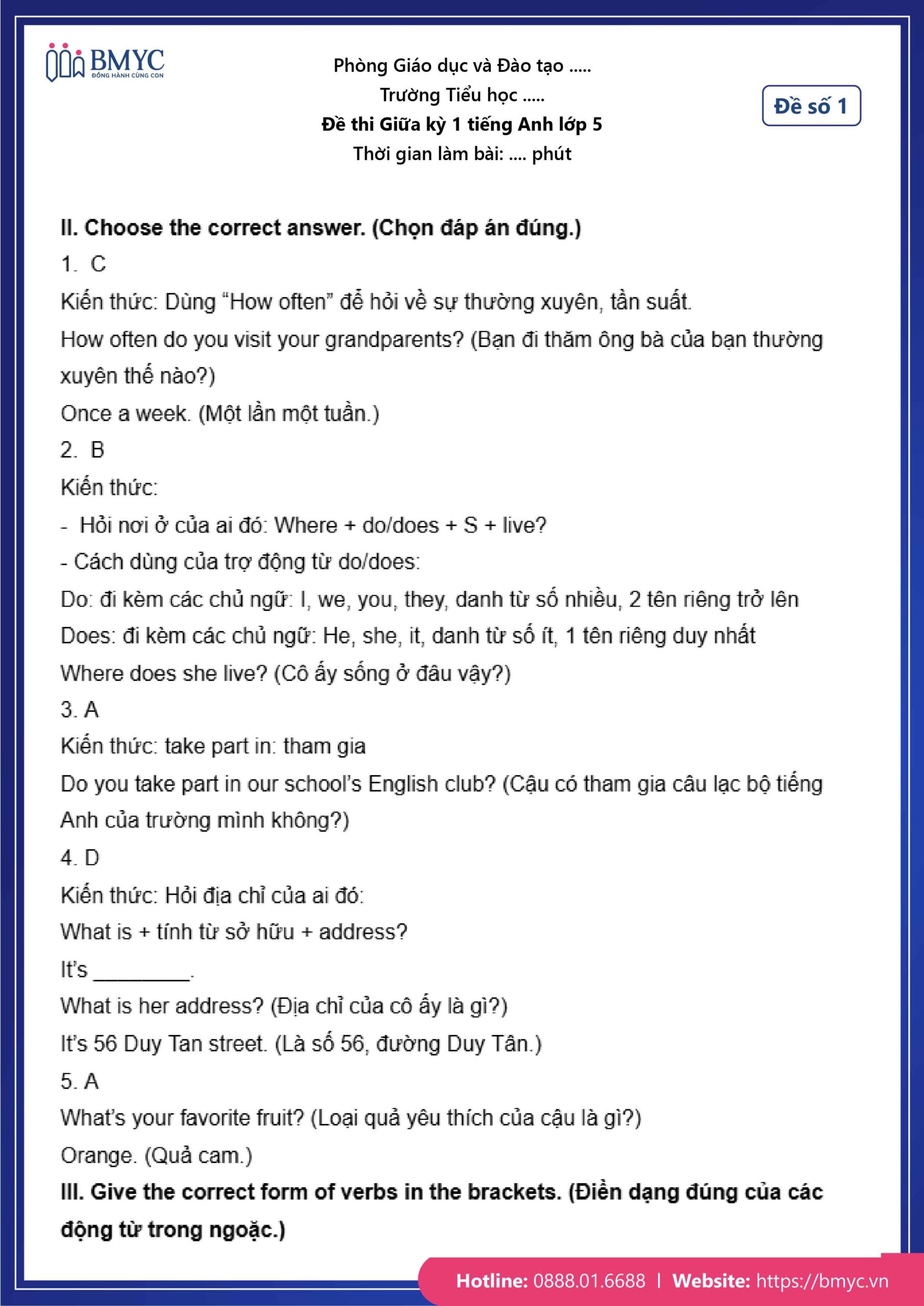 Đáp án đề số 1