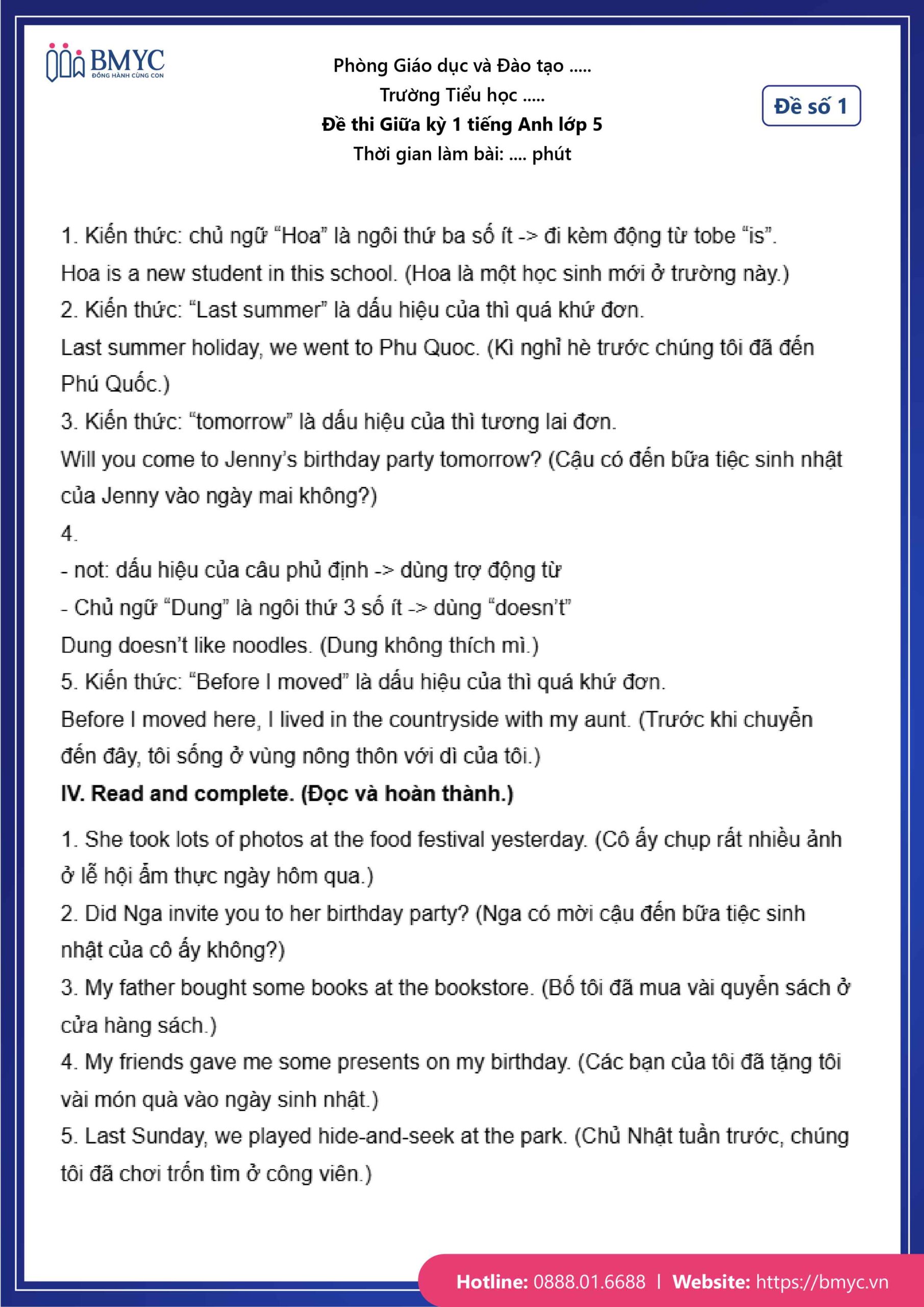 Đáp án đề số 1