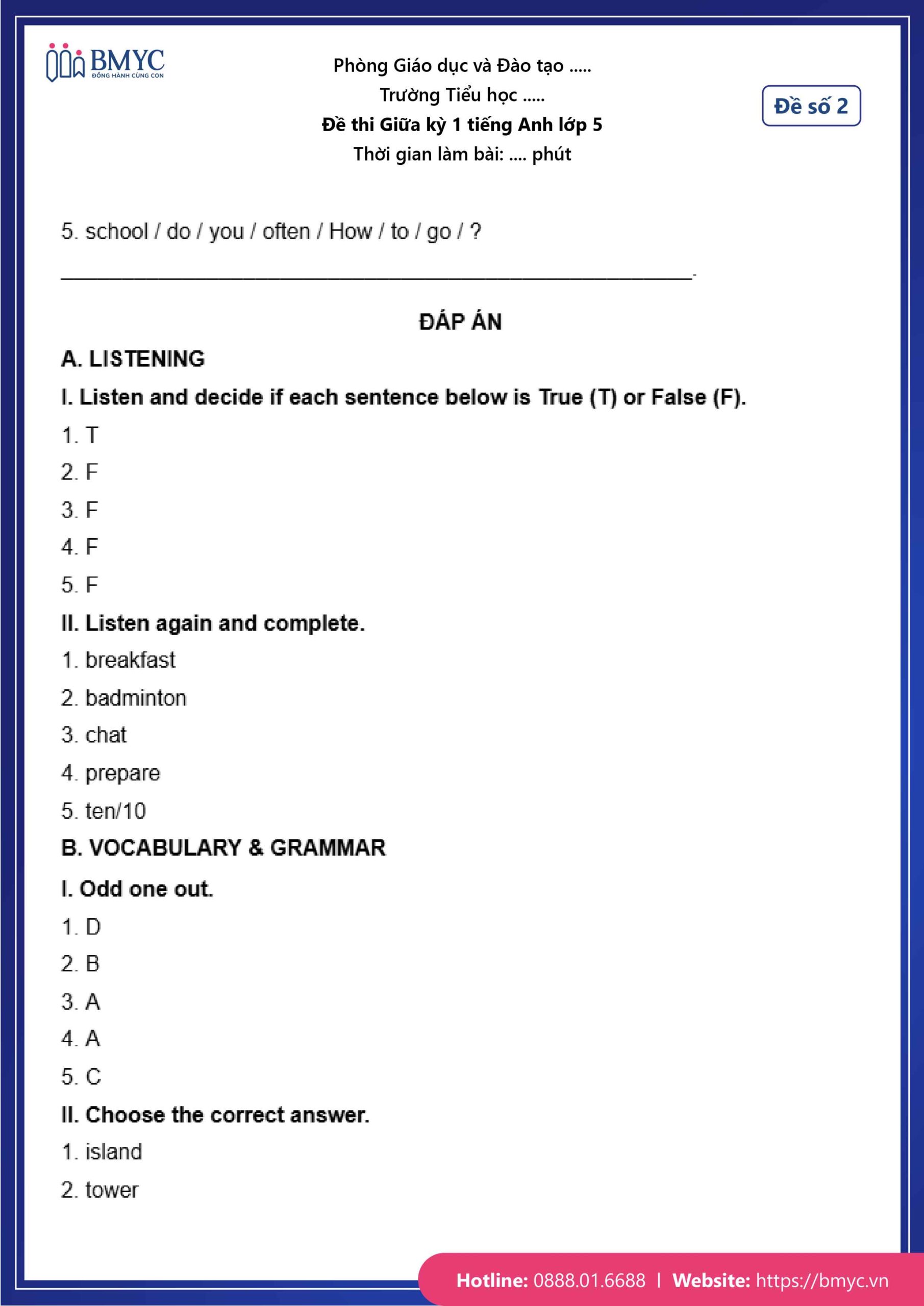 Đáp án đề số 2