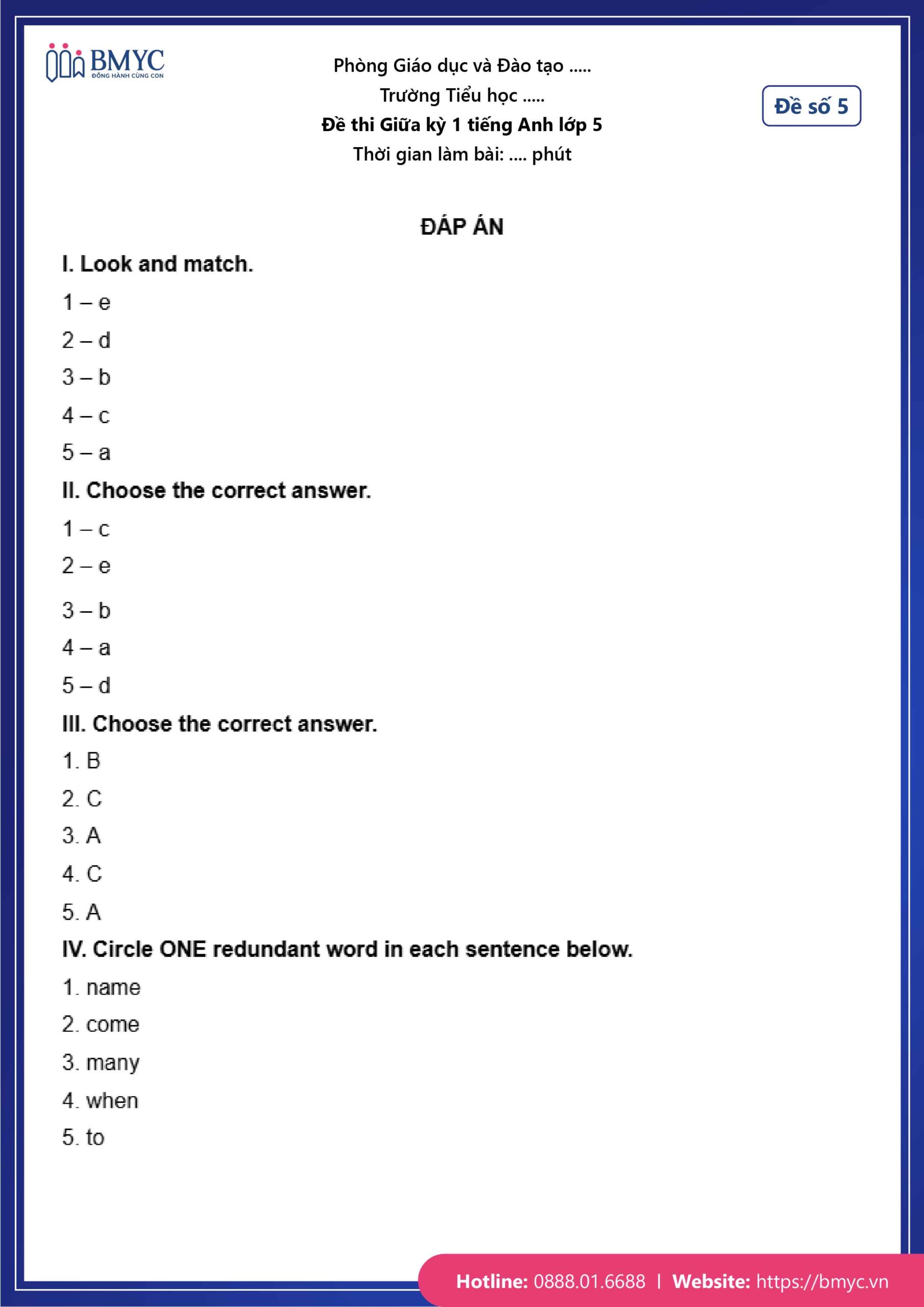 Đáp án đề số 5