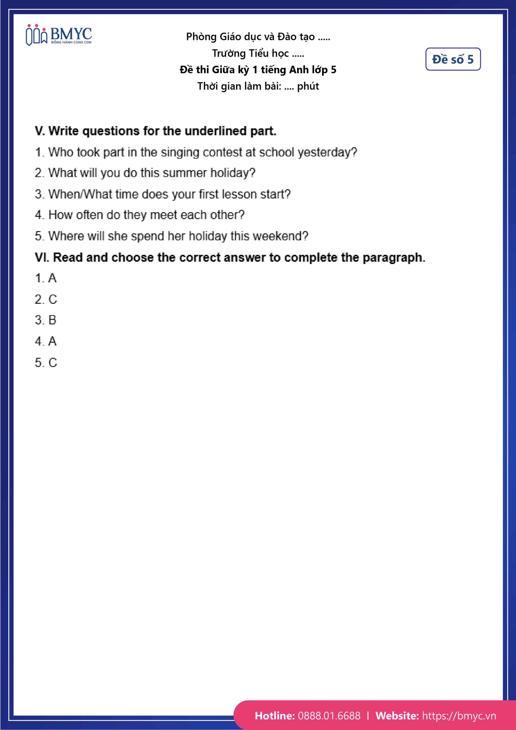 Đáp án đề số 5