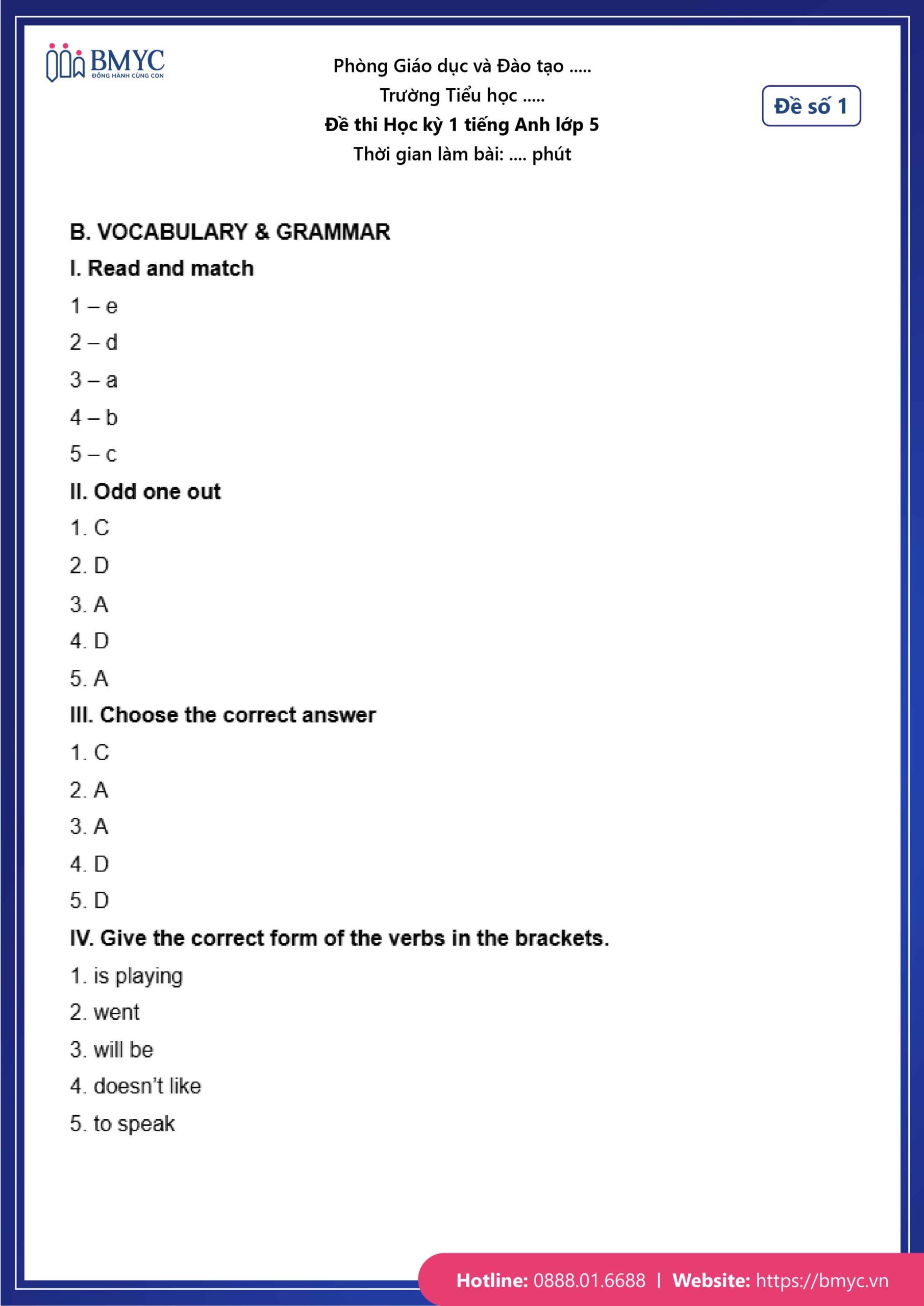 Đáp án đề số 1