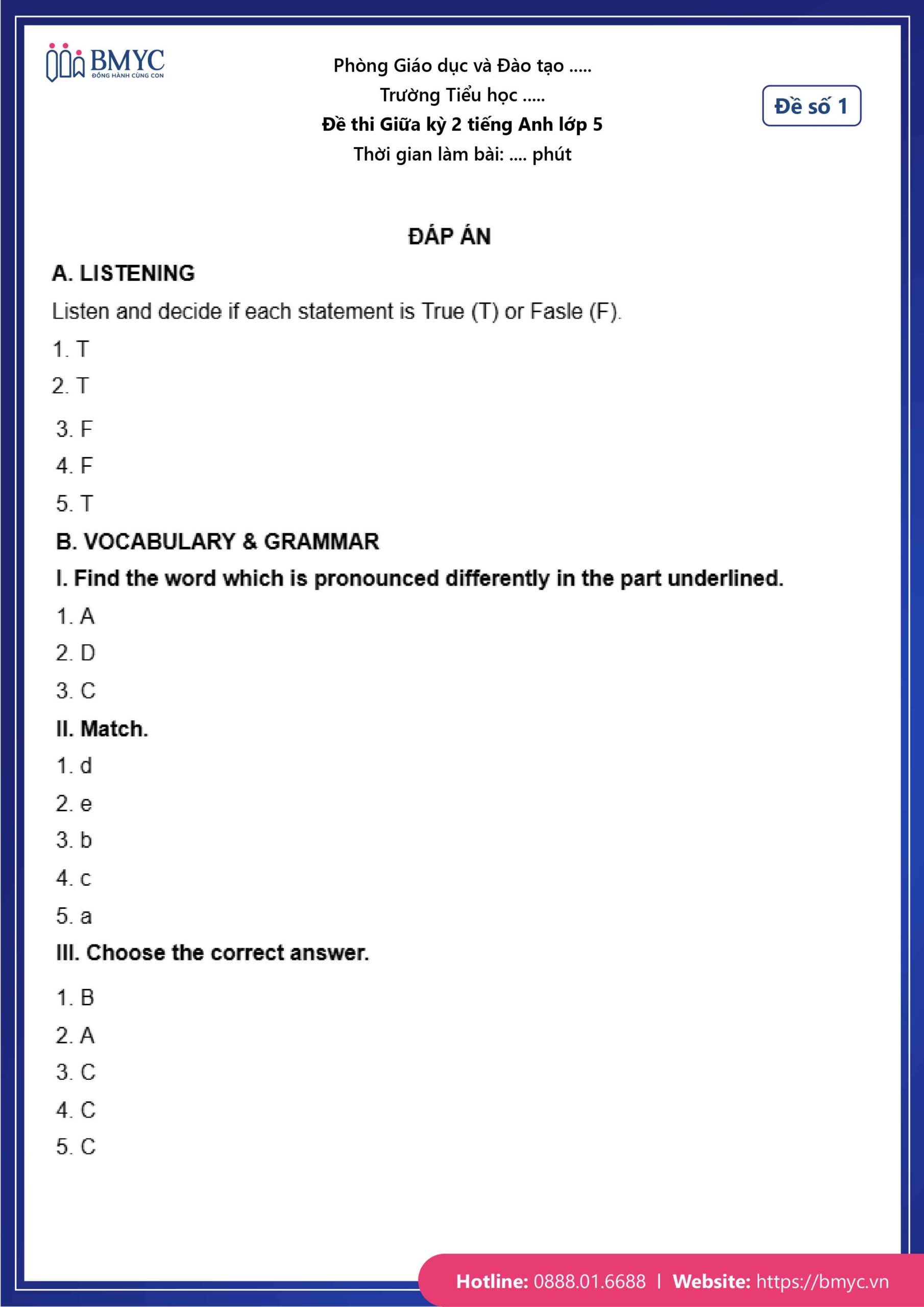 Đáp án đề số 1