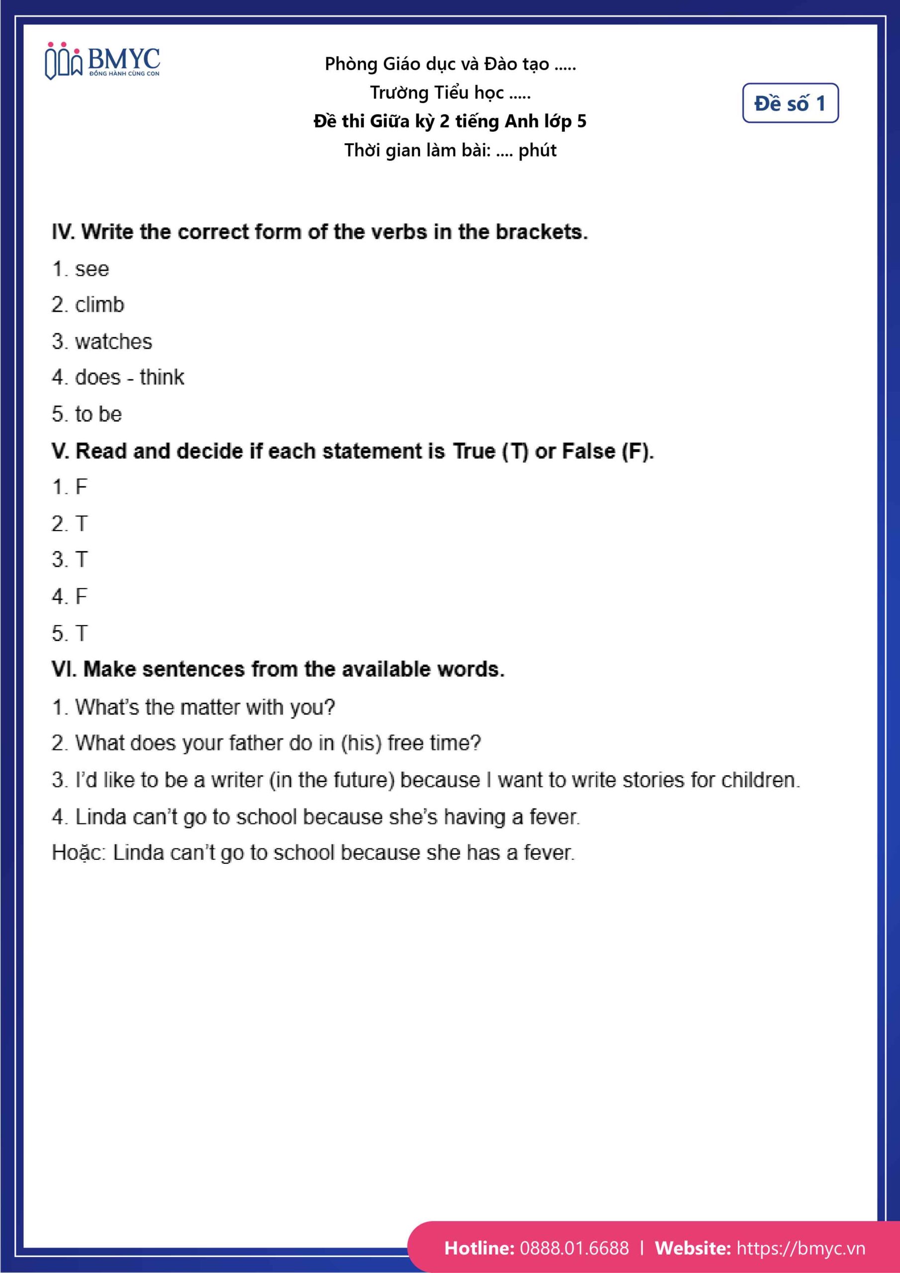 Đáp án đề số 1