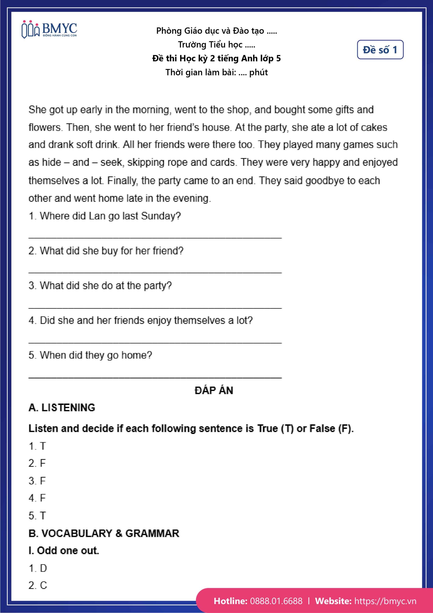 Đáp án đề số 1