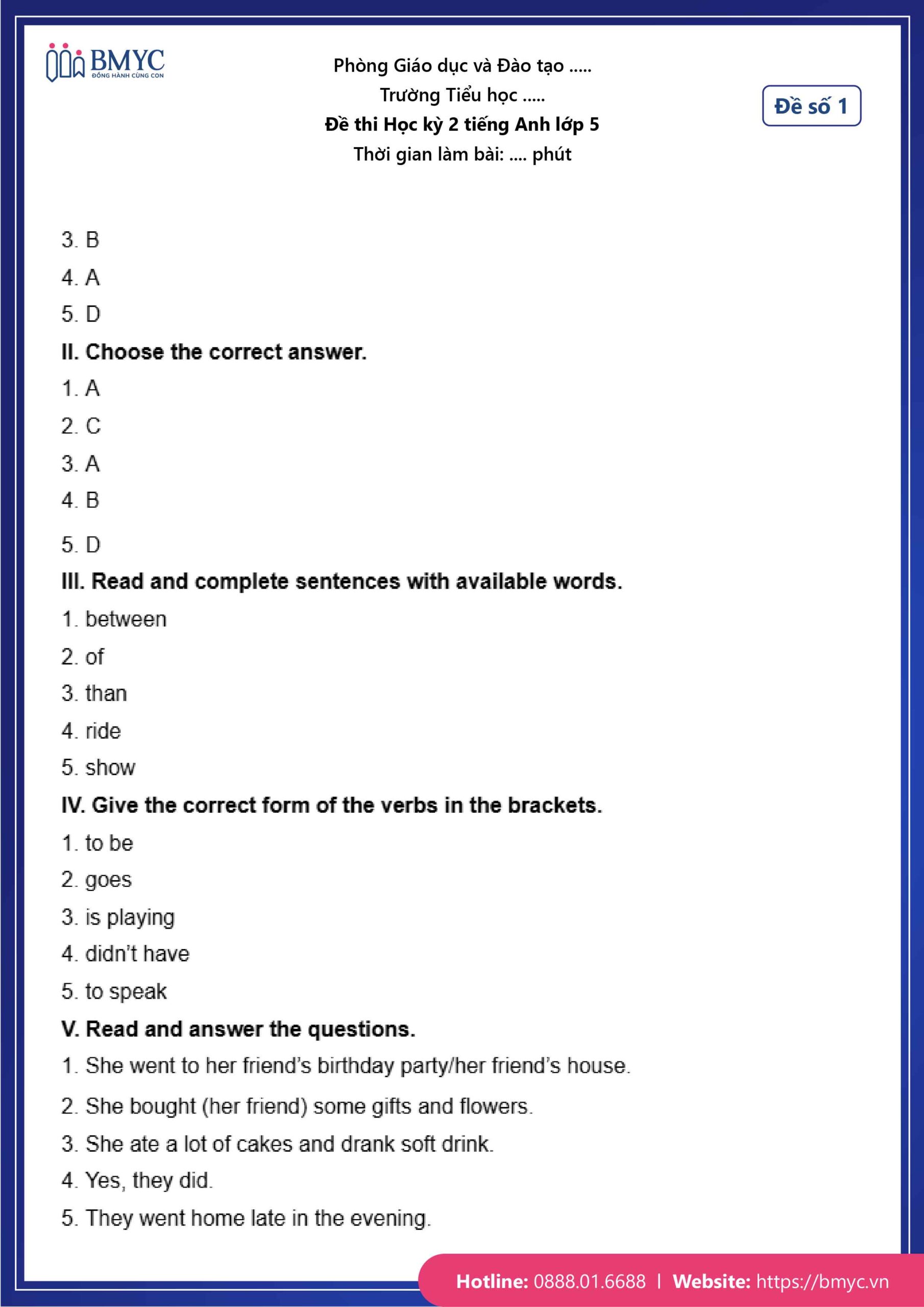 Đáp án đề số 1