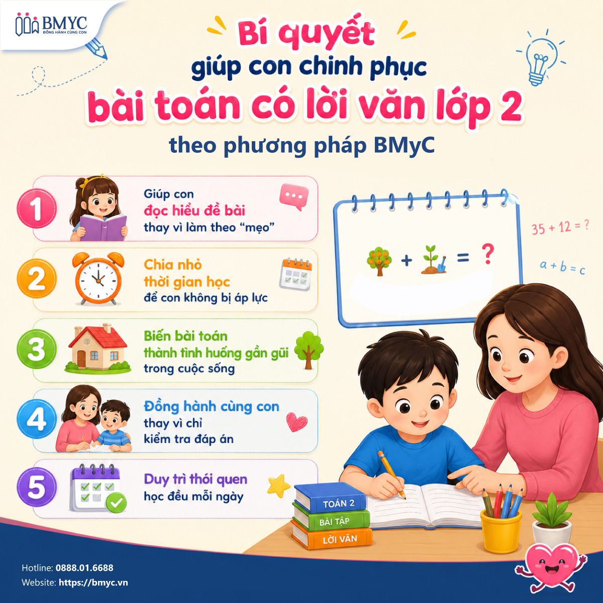 Bí quyết giúp con chinh phục bài toán có lời văn lớp 2 theo phương pháp BMyC Bí quyết giúp con chinh phục bài toán có lời văn lớp 2 theo phương pháp BMyC