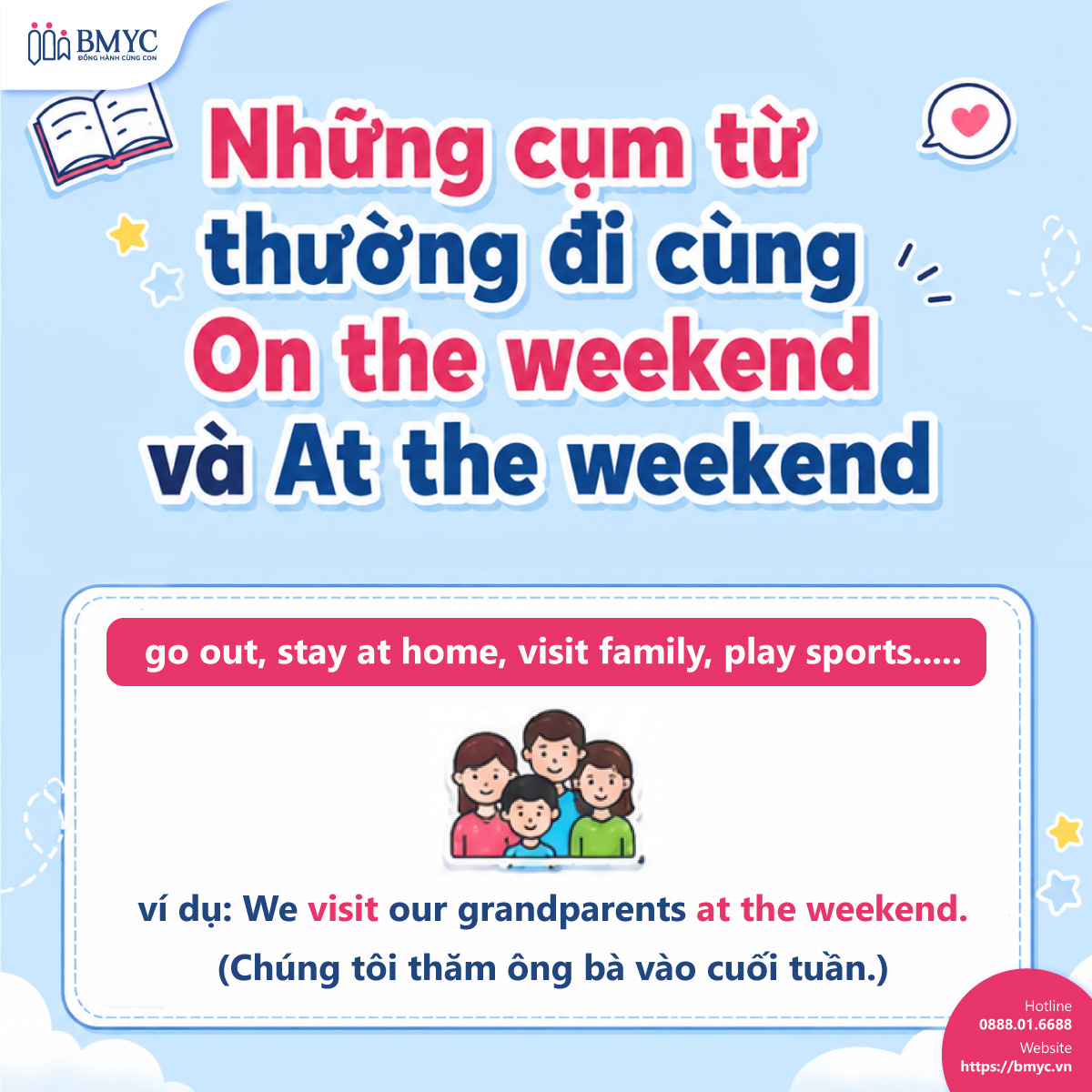 Những cụm từ thường đi cùng On the weekend và At the weekend 