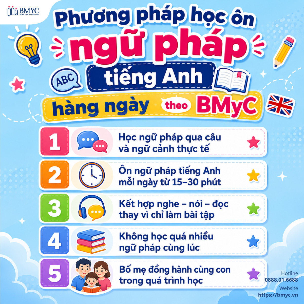 Phương pháp học ôn ngữ pháp tiếng Anh hàng ngày theo BMyC