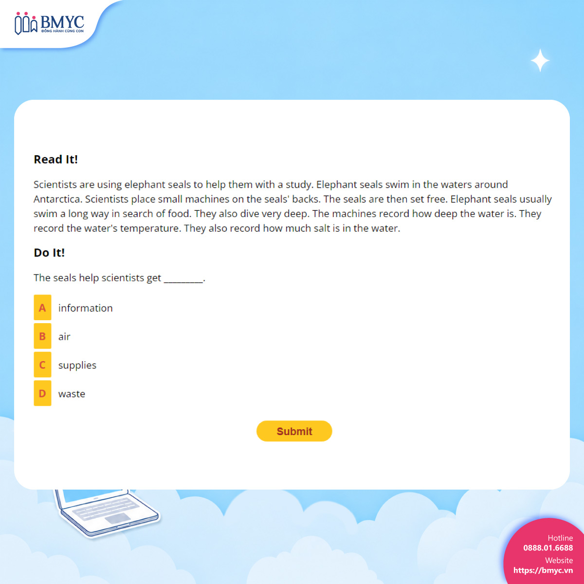 Minh họa một câu hỏi trong bài kiểm tra đầu vào của Achieve3000 Literacy.