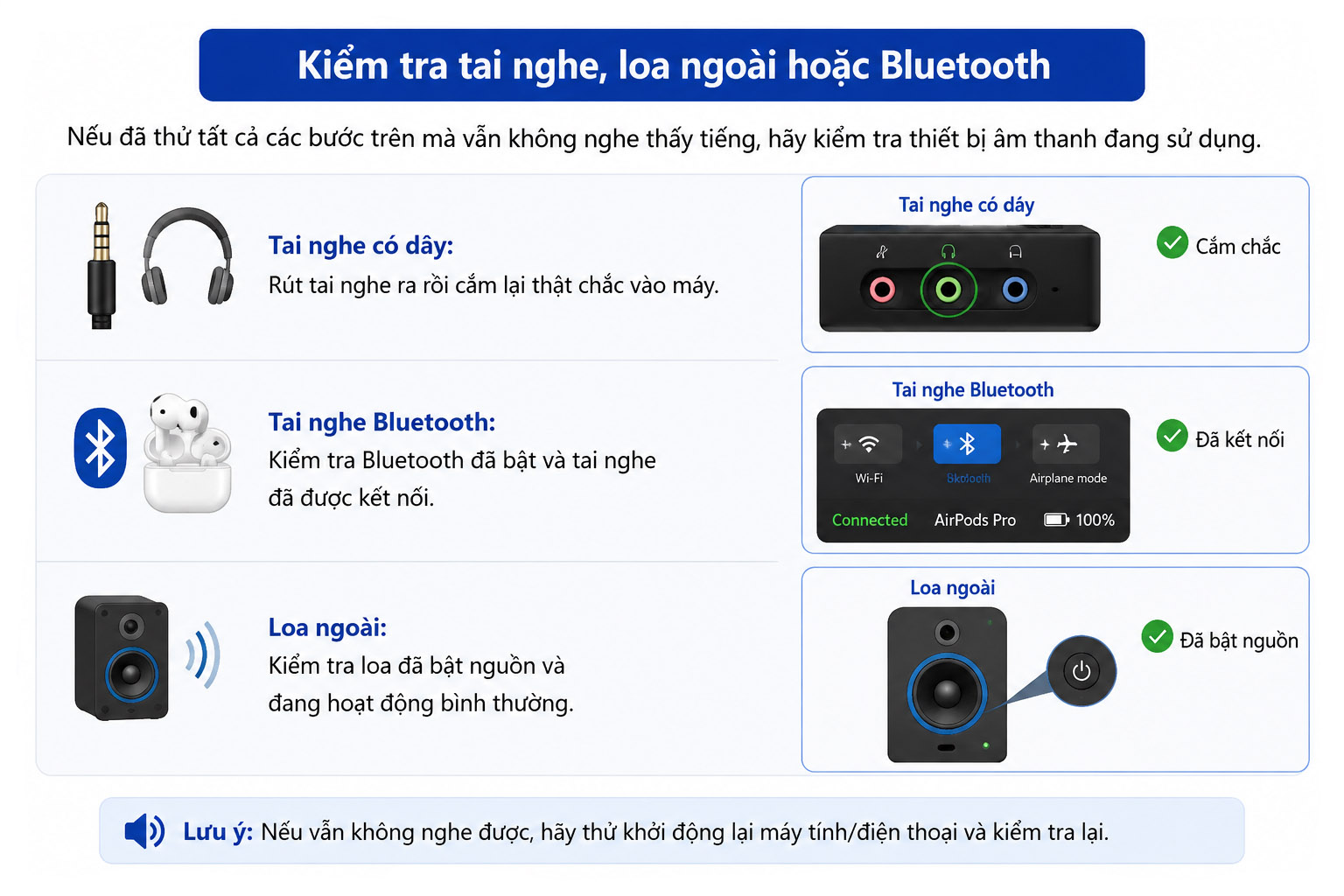 Hướng dẫn kiểm tra tai nghe Bluetooth và loa ngoài