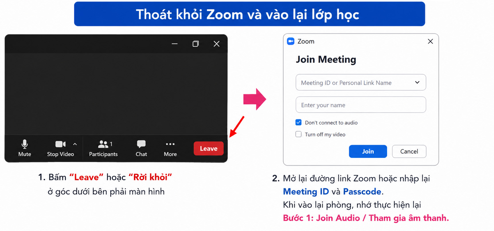 Hướng dẫn thoát khỏi Zoom và vào lại lớp học