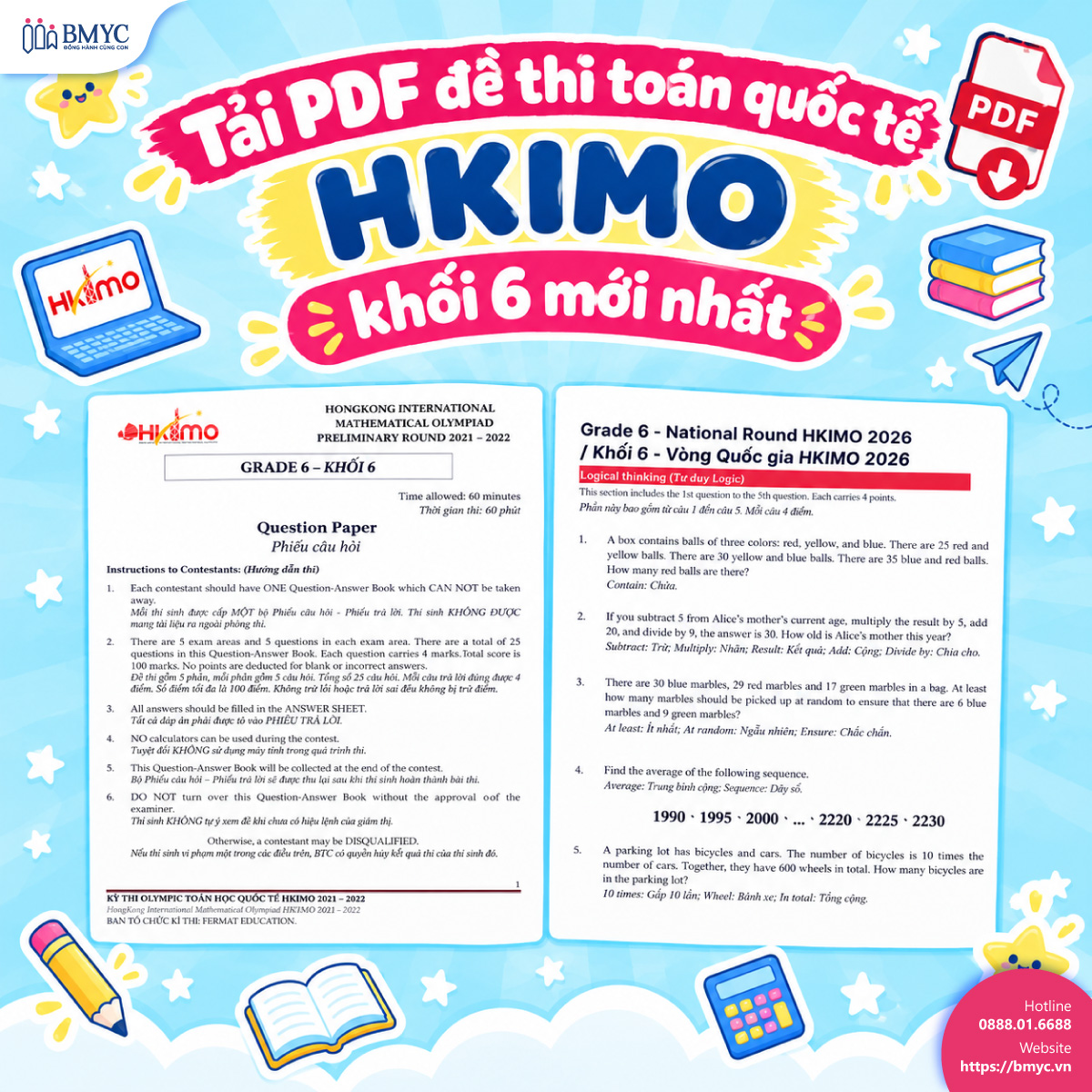 Tải PDF đề thi toán quốc tế HKIMO khối 6 mới nhất